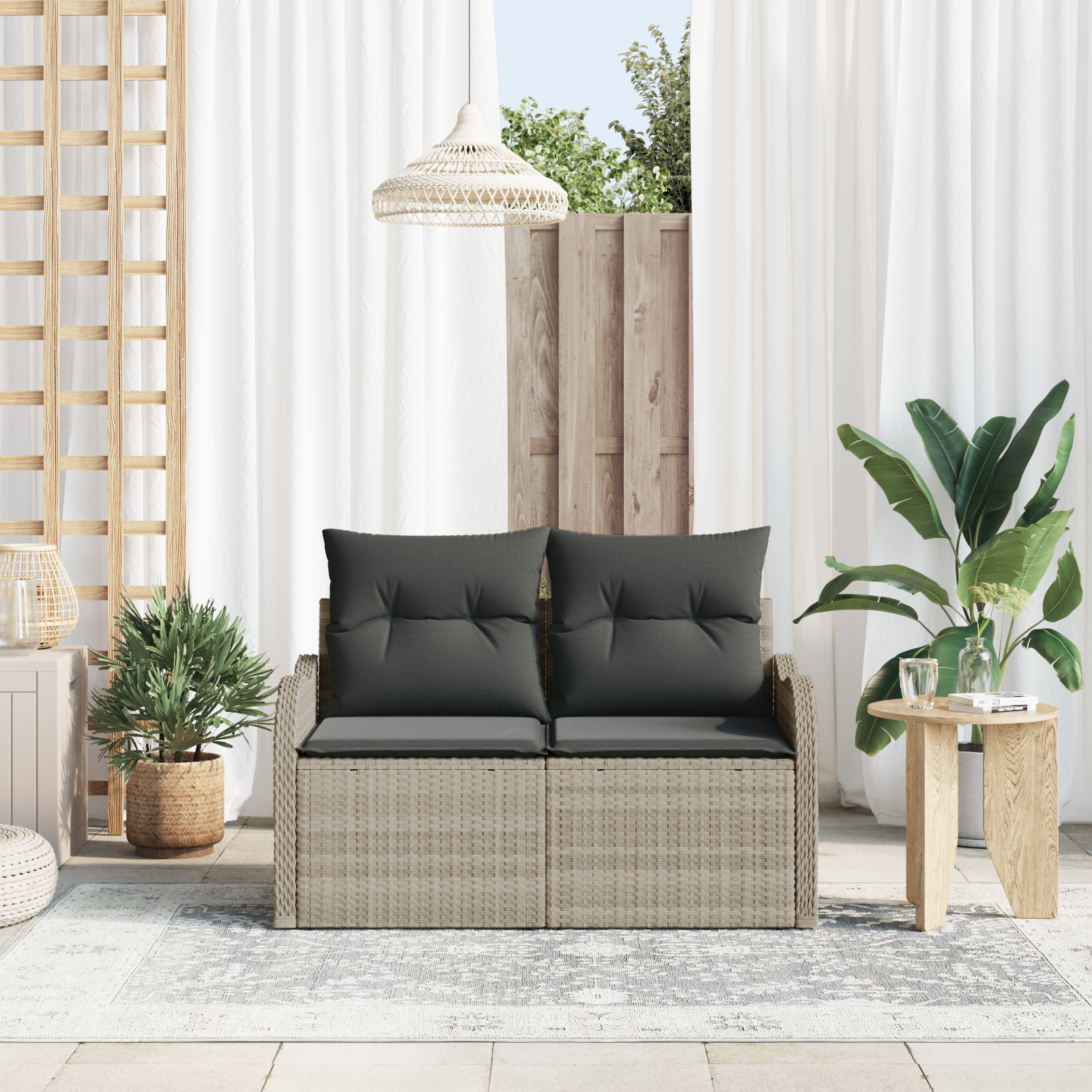 vidaXL Tuinbank 2-zits opbergruimte en kussens poly rattan lichtgrijs
