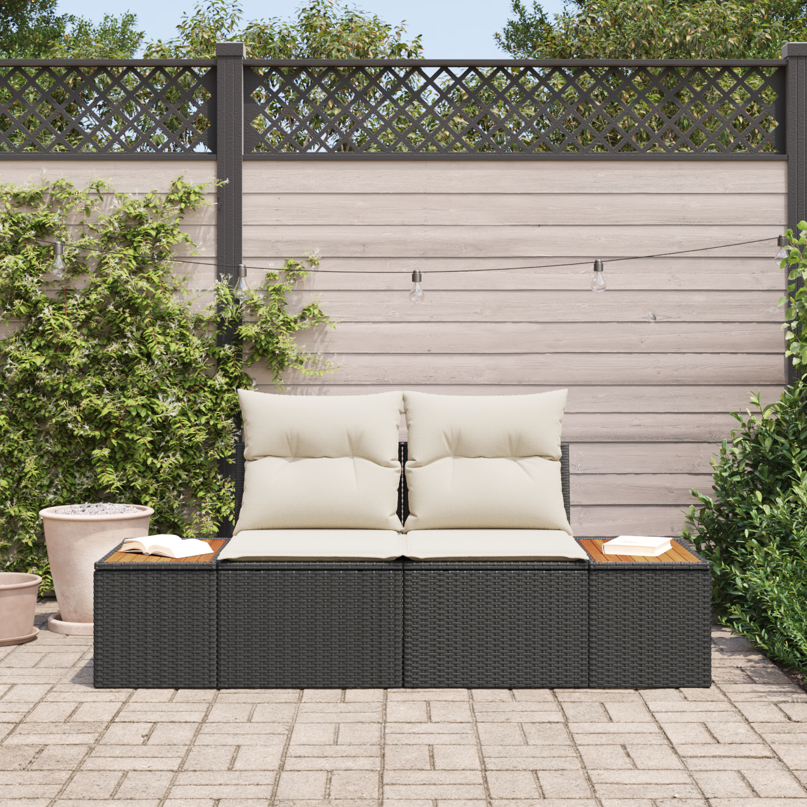 vidaXL Tuinbank 2-zits met kussens poly rattan zwart