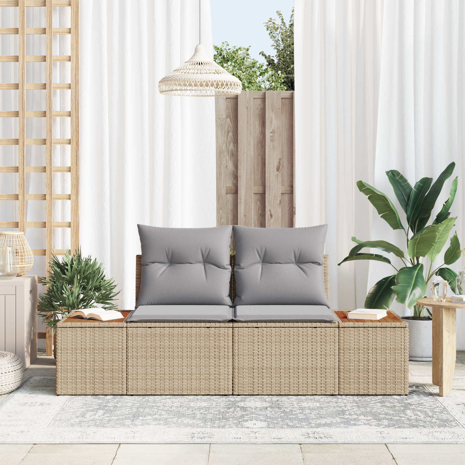 vidaXL Tuinbank 2-zits met kussens poly rattan beige