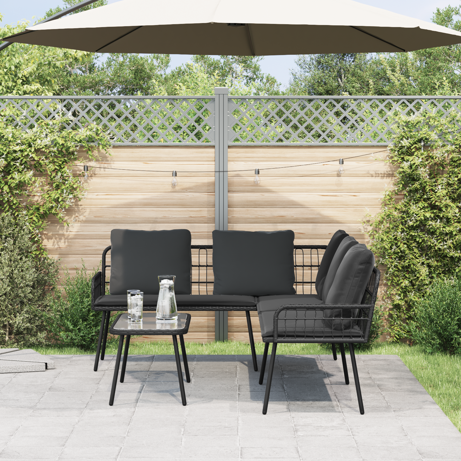 vidaXL Bank l-vormig 231x173x78 cm poly rattan zwart