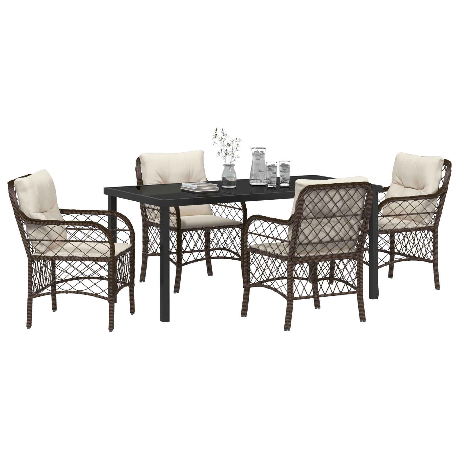 vidaXL 5-delige tuin eettafelset met kussens Bruin Poly Rattan