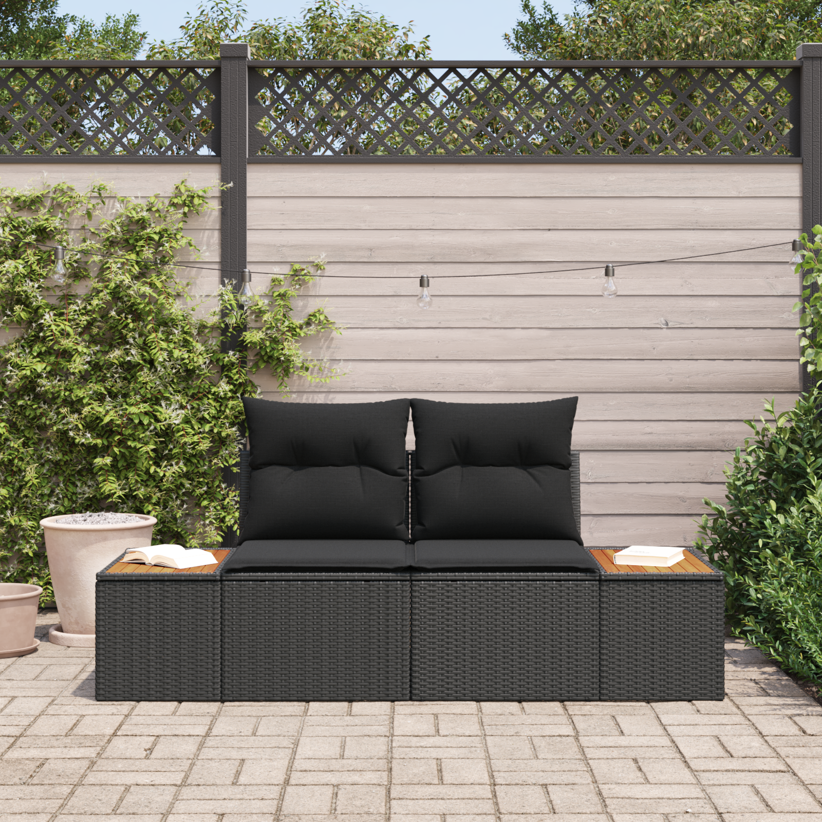 vidaXL Tuinbank 2-zits met opbergruimte en kussens poly rattan zwart