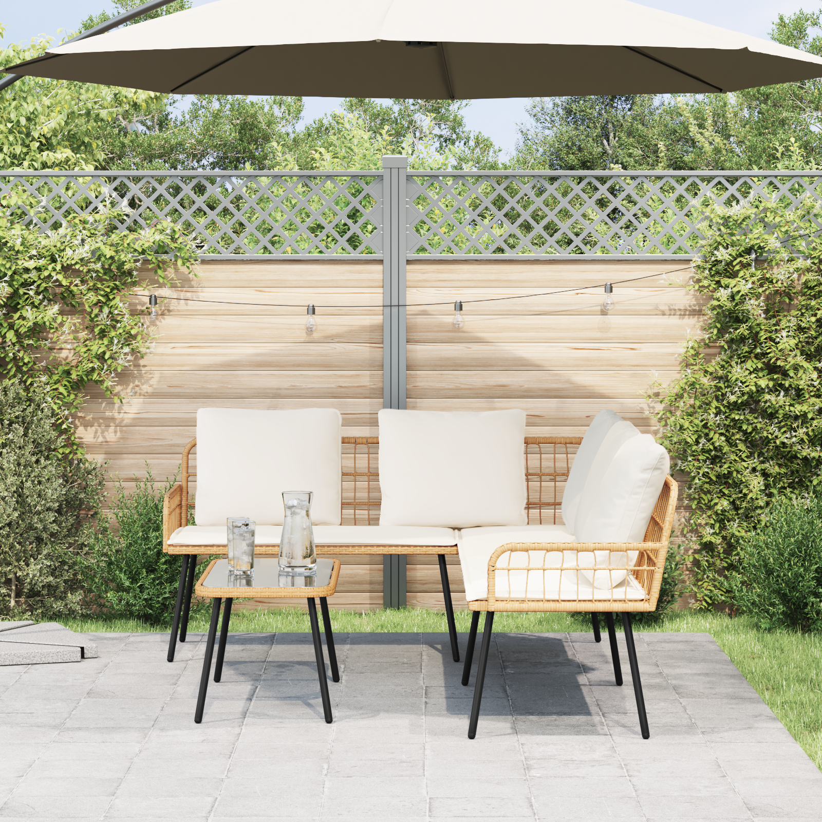 vidaXL Bank l-vormig 231x173x78 cm poly rattan naturel