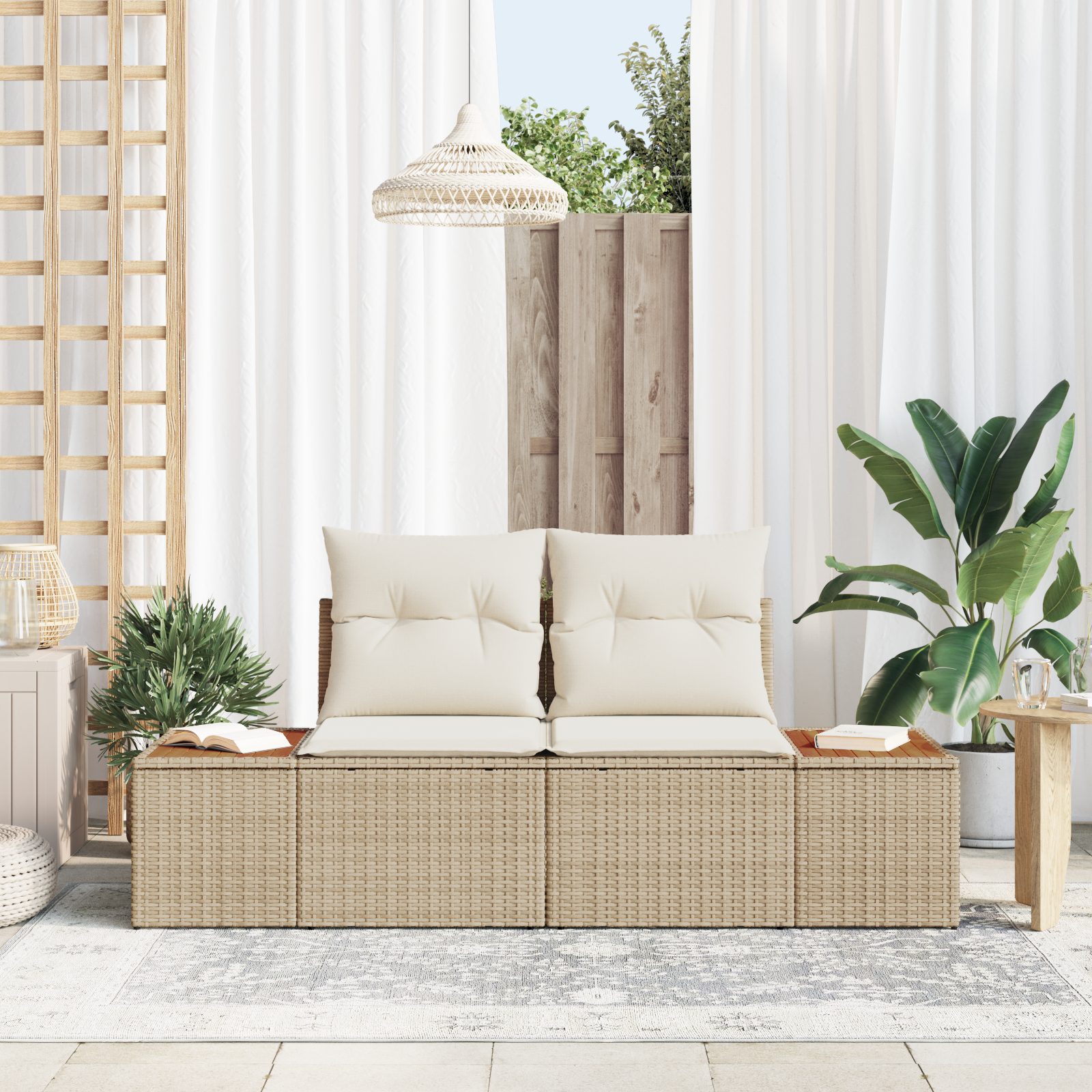vidaXL Tuinbank 2-zits met opbergruimte en kussens poly rattan beige