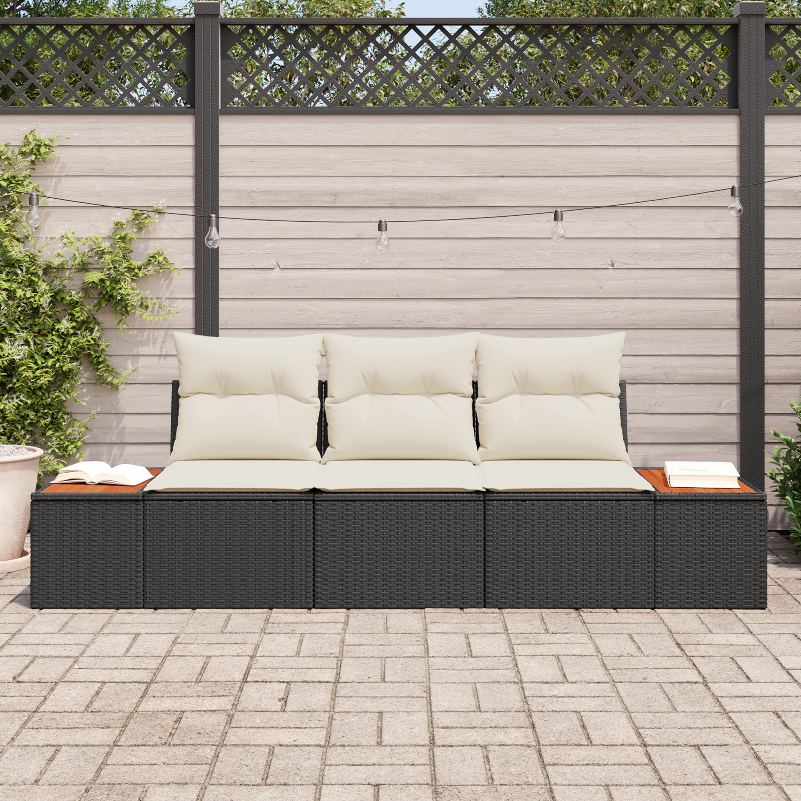 vidaXL 3 Persoons Tuin Sofa Set met Kussens Zwart Poly Rattan Acacia