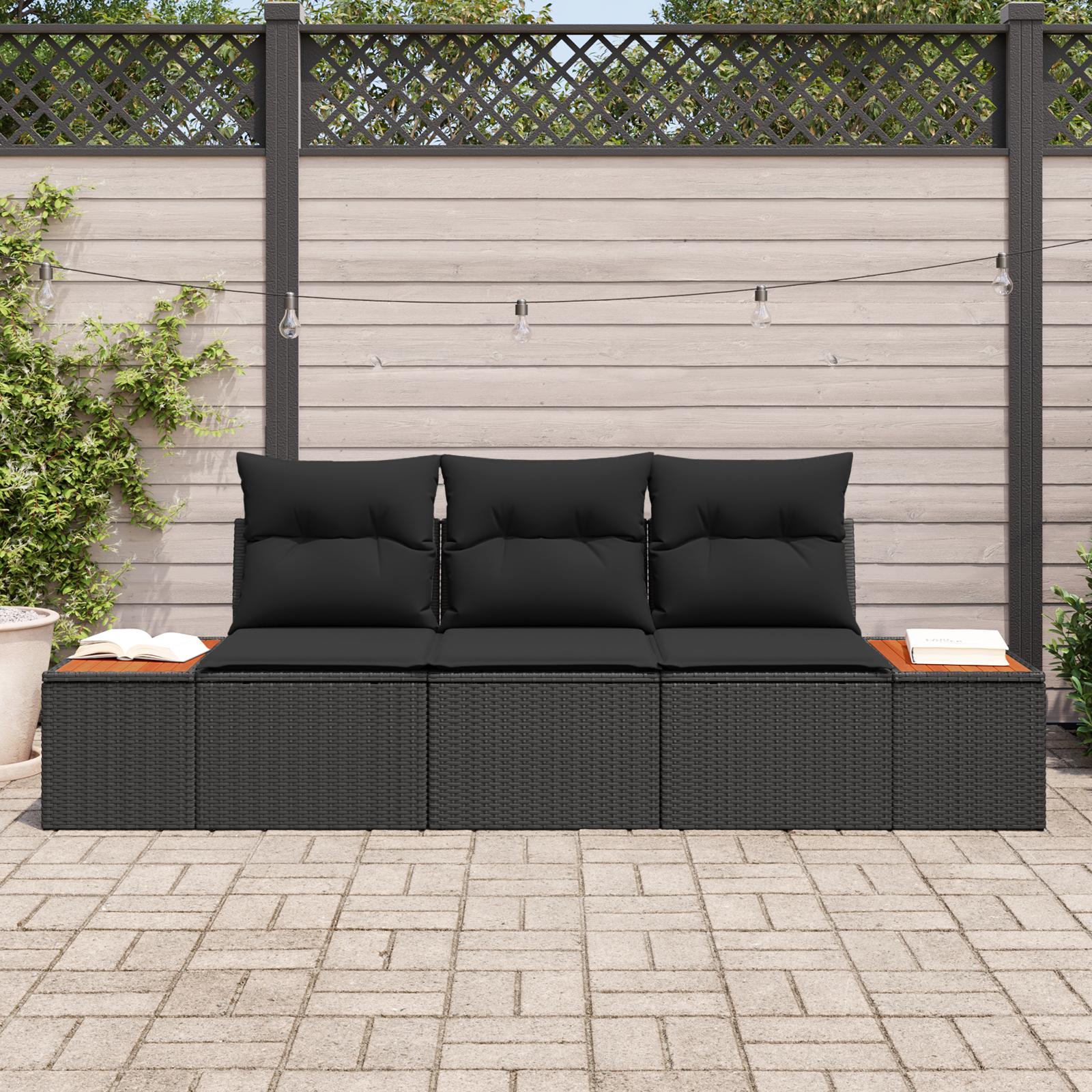 vidaXL 3-delige Tuinbankenset met kussens poly rattan acacia zwart