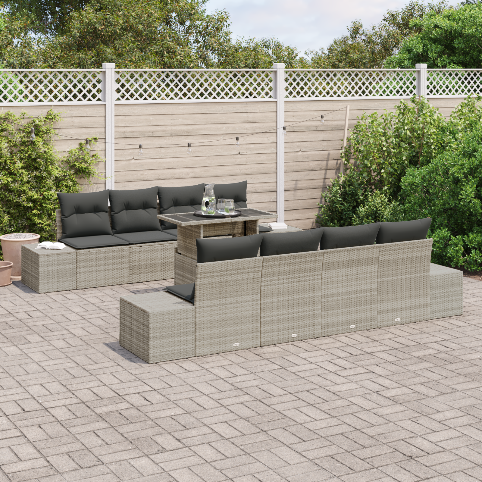 vidaXL 7-delige Tuinbankenset met kussens poly rattan lichtgrijs