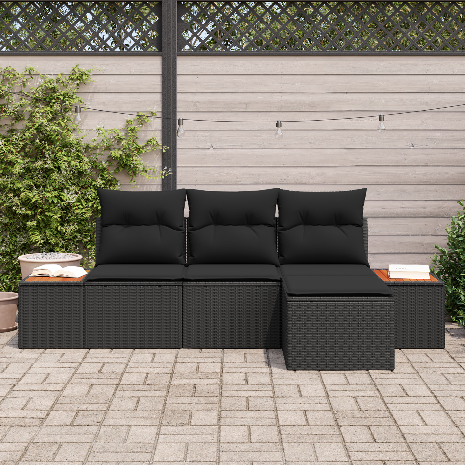 vidaXL 4-delige tuinbankset met kussens - zwart poly rattan en acacia