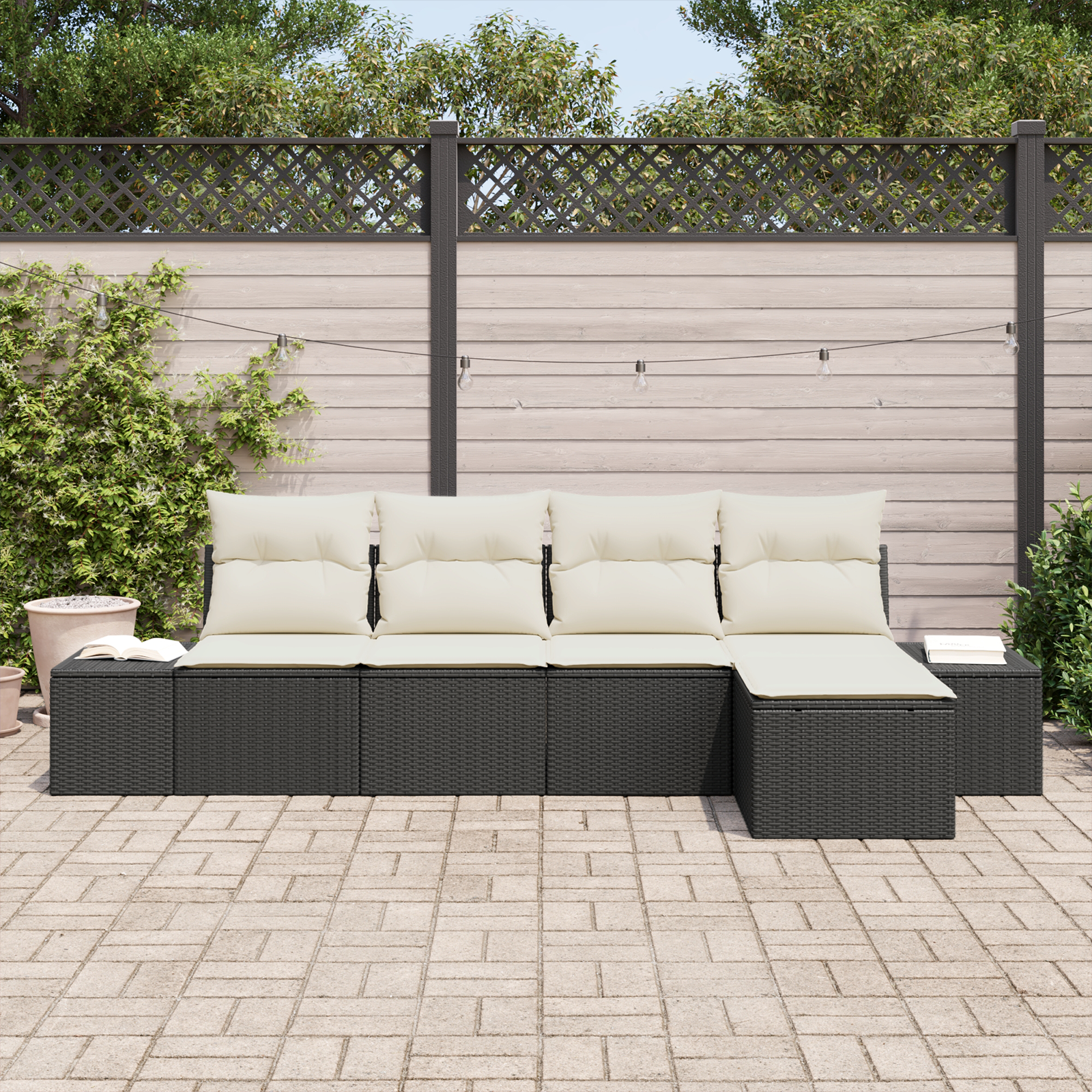 vidaXL 5-delige Tuinbankenset met kussens poly rattan zwart