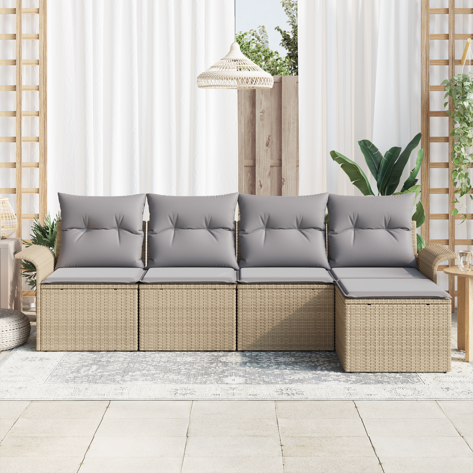 vidaXL 5-delige Tuinbankenset met kussens poly rattan beige