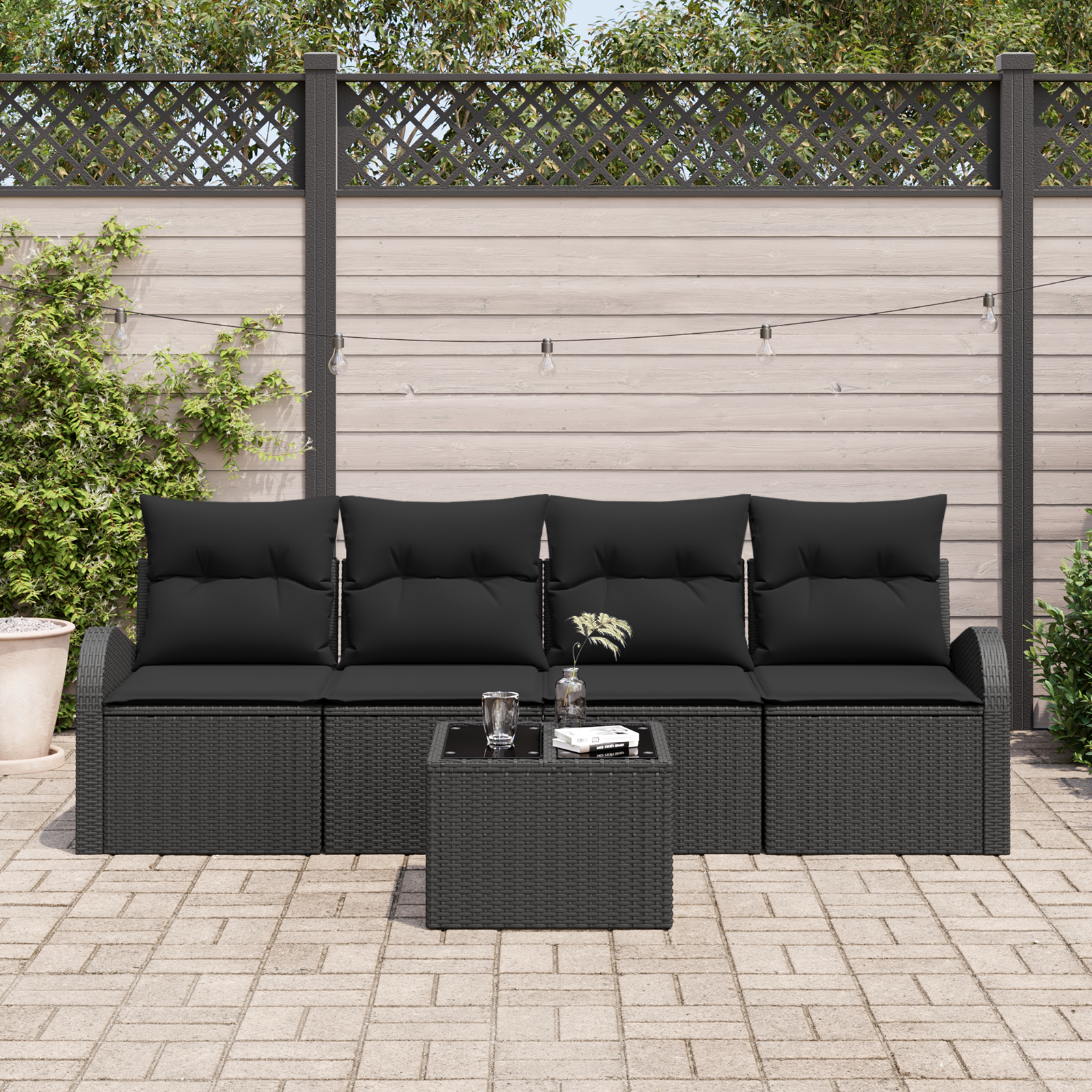 vidaXL 5-delige Tuinbankenset met kussens poly rattan zwart