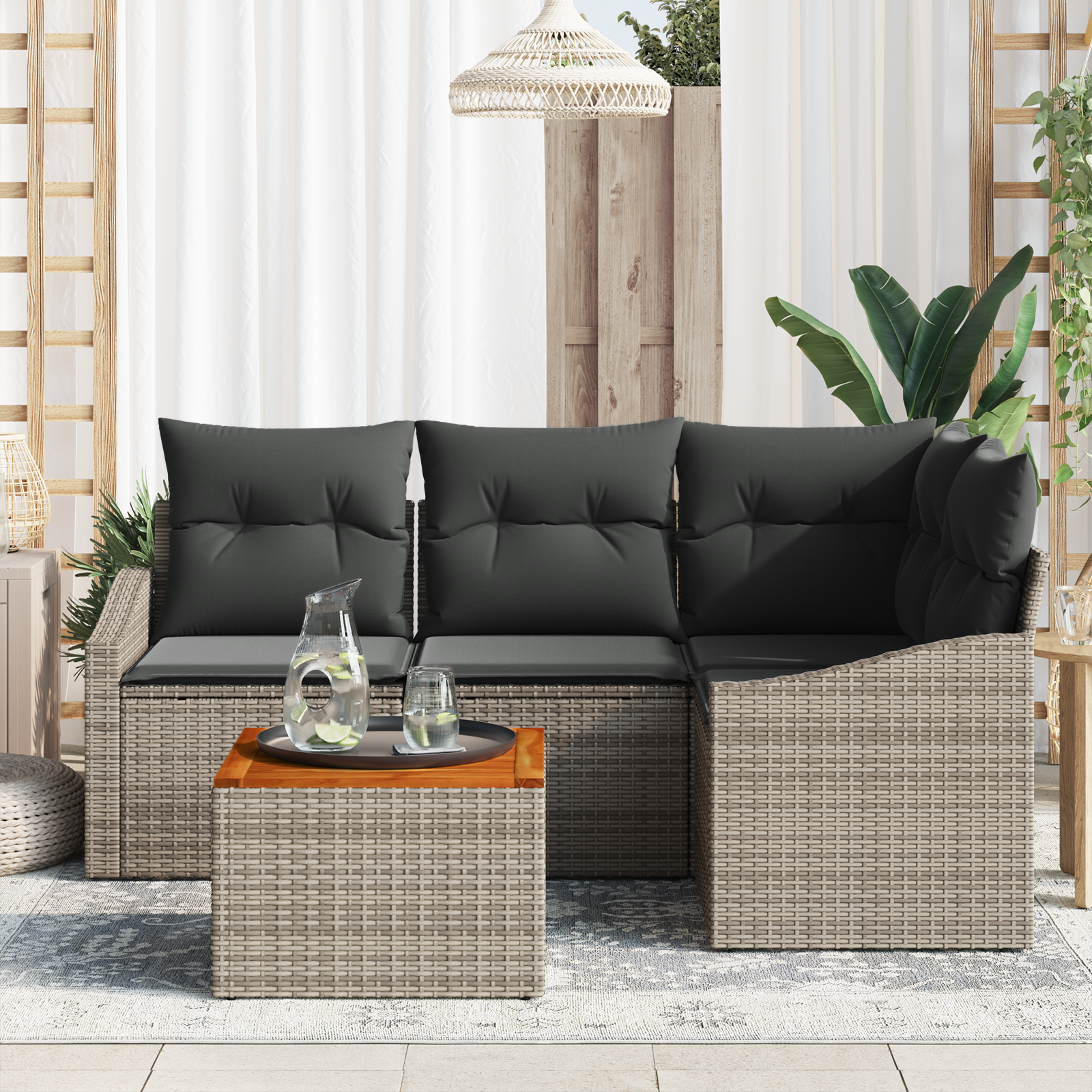 vidaXL 5-delige Tuinbankenset met kussens poly rattan acaciahout grijs
