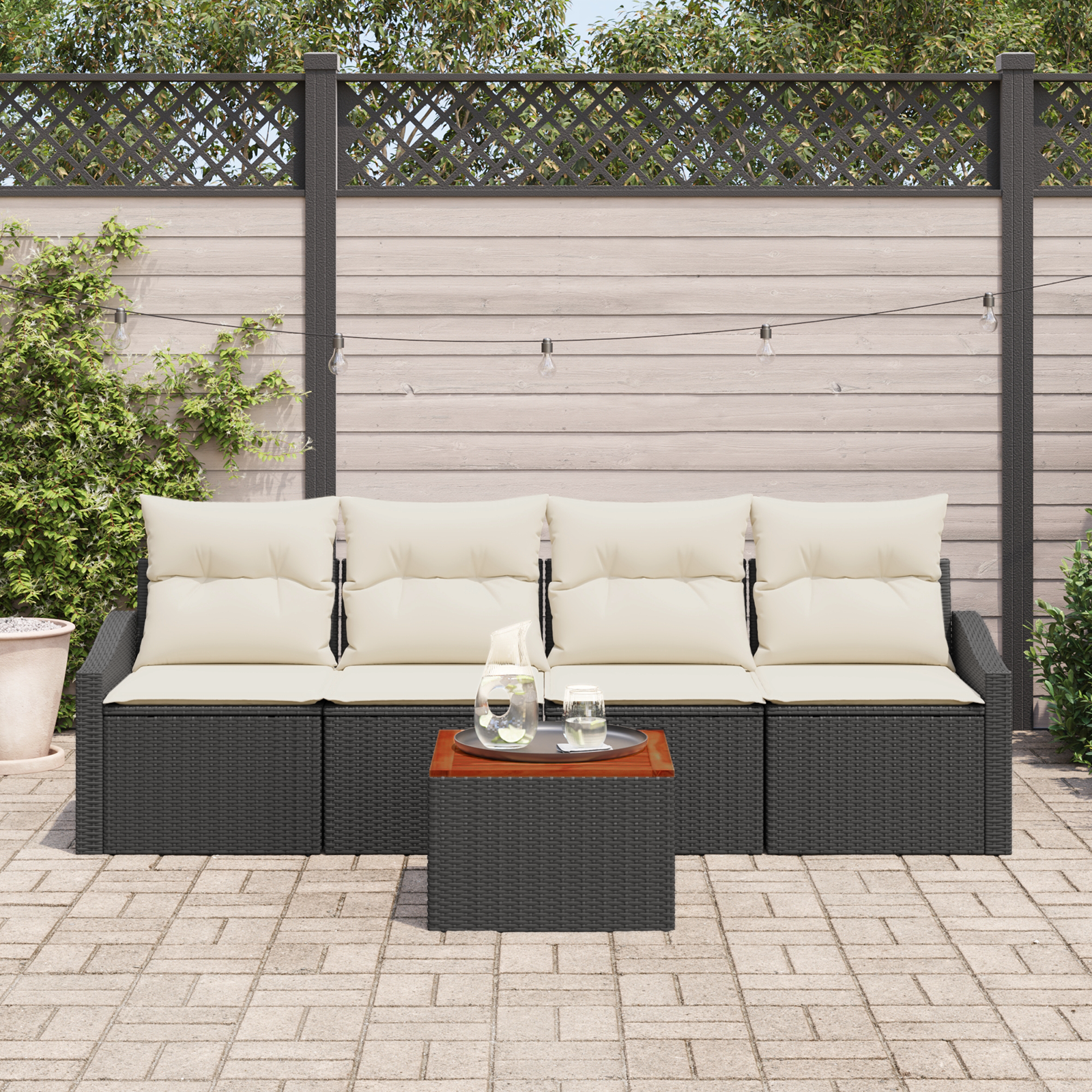 vidaXL 5-delige tuinbankset met kussens zwart poly rattan acacia