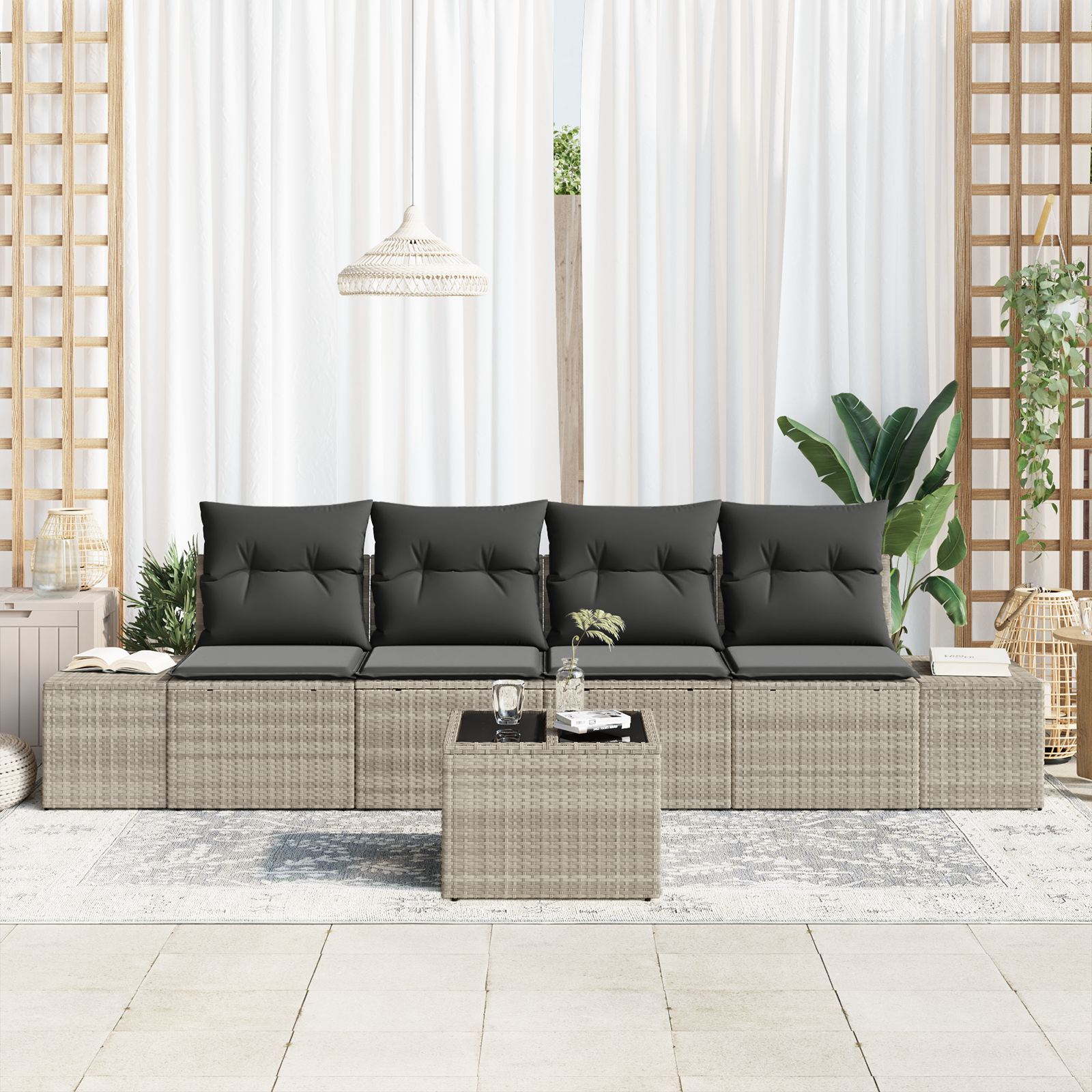 vidaXL 5-delige tuinbankset met kussens lichtgrijs poly rattan