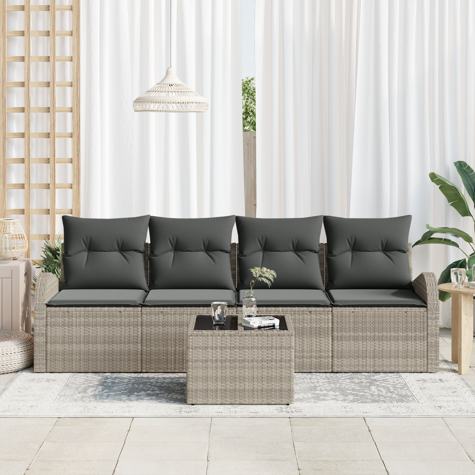 vidaXL 5-delige Tuinbankenset met kussens lichtgrijs poly rattan
