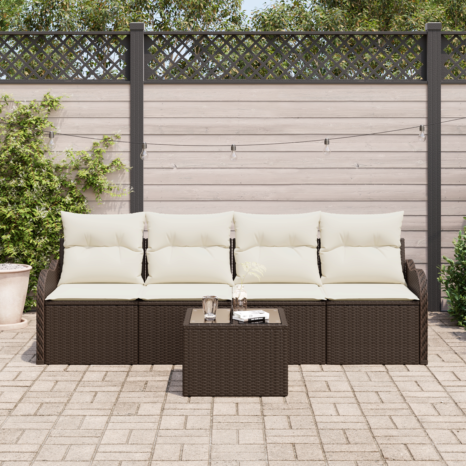 vidaXL 5-delige tuinset met kussens bruin poly rattan