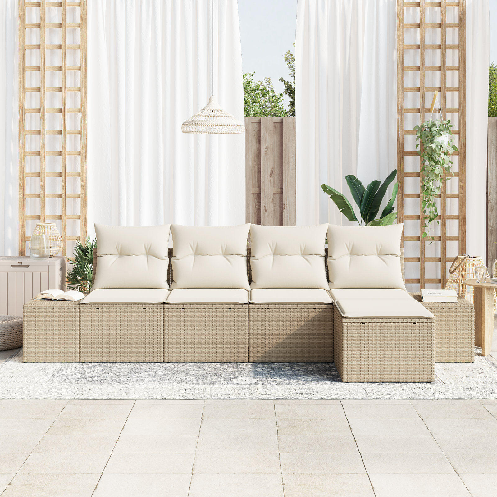 vidaXL 5-delige Tuinbankenset met kussens poly rattan beige
