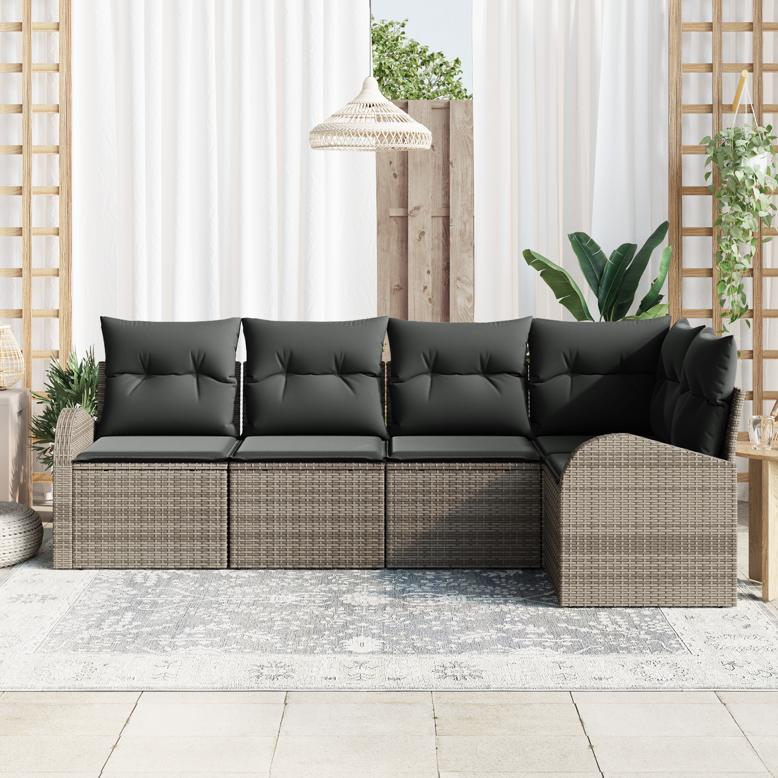 vidaXL 5-delige Tuinbankenset met kussens poly rattan grijs