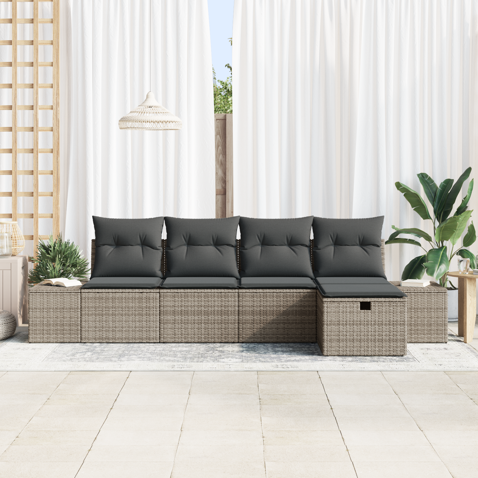 vidaXL 5-delige ligbedset met kussens Grijs Poly Rattan
