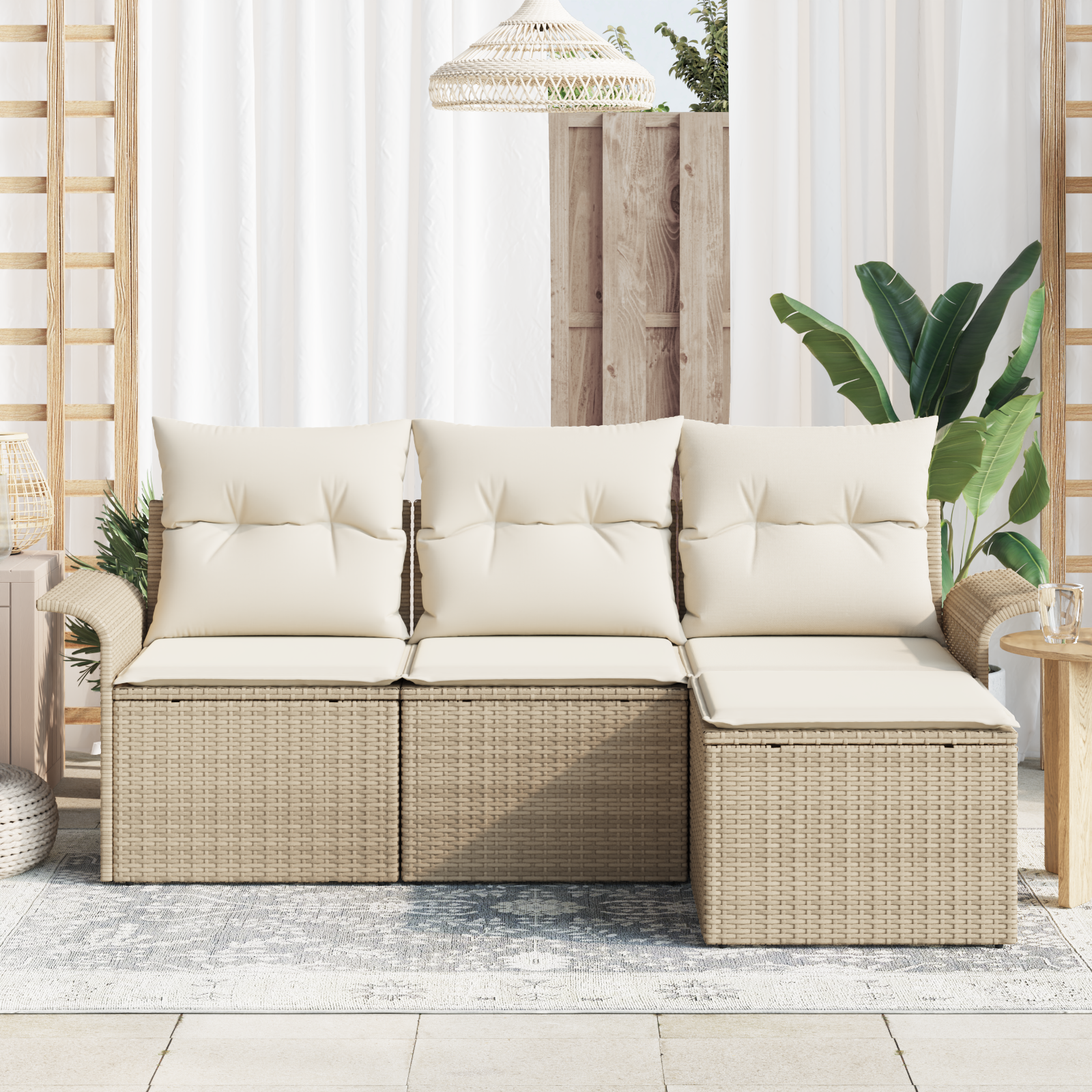 vidaXL 4-delige Tuinbankenset met kussens poly rattan beige