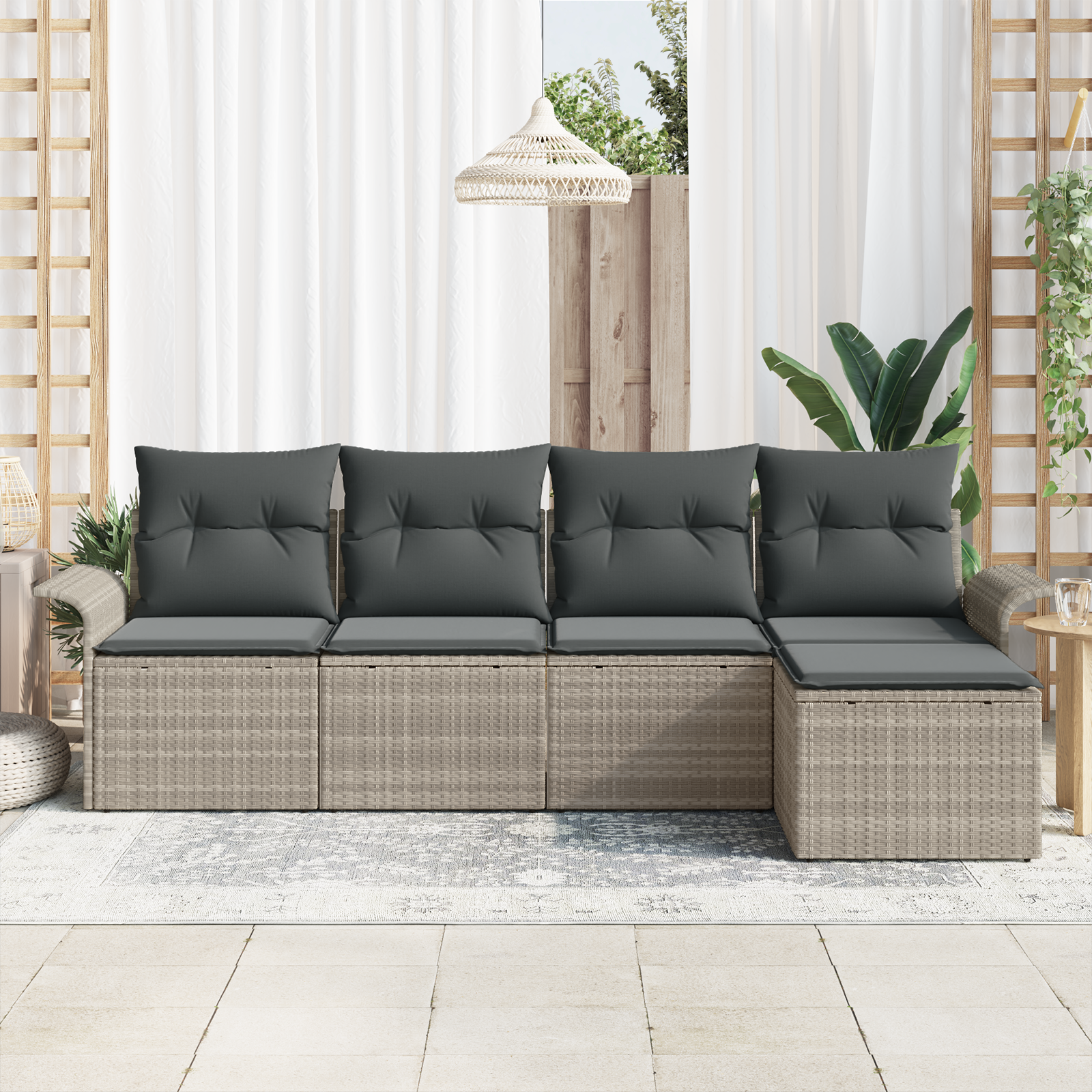 vidaXL 5-delige Tuinbankenset met kussens poly rattan lichtgrijs