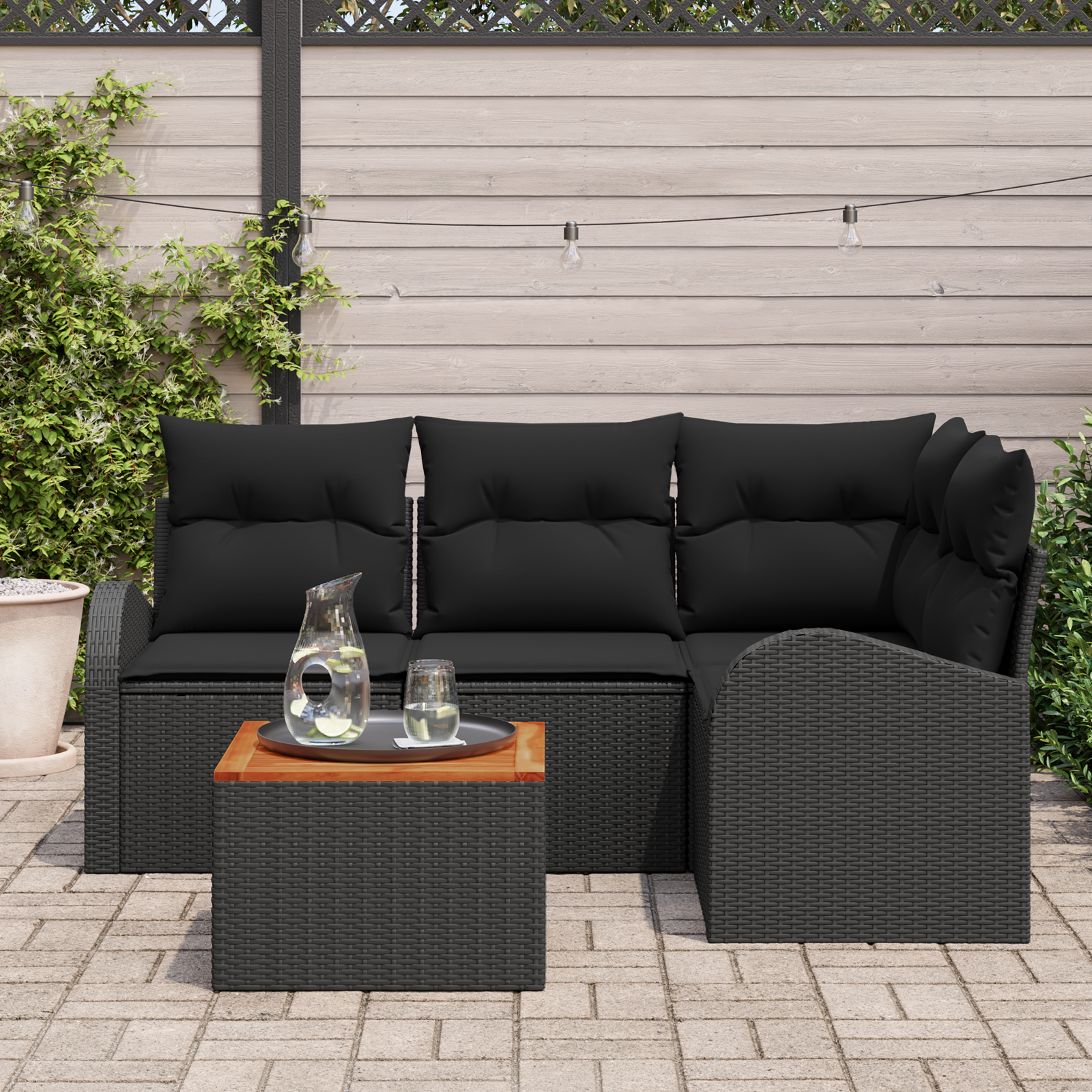 vidaXL 5-delige tuinbankset met kussens zwart poly rattan acacia