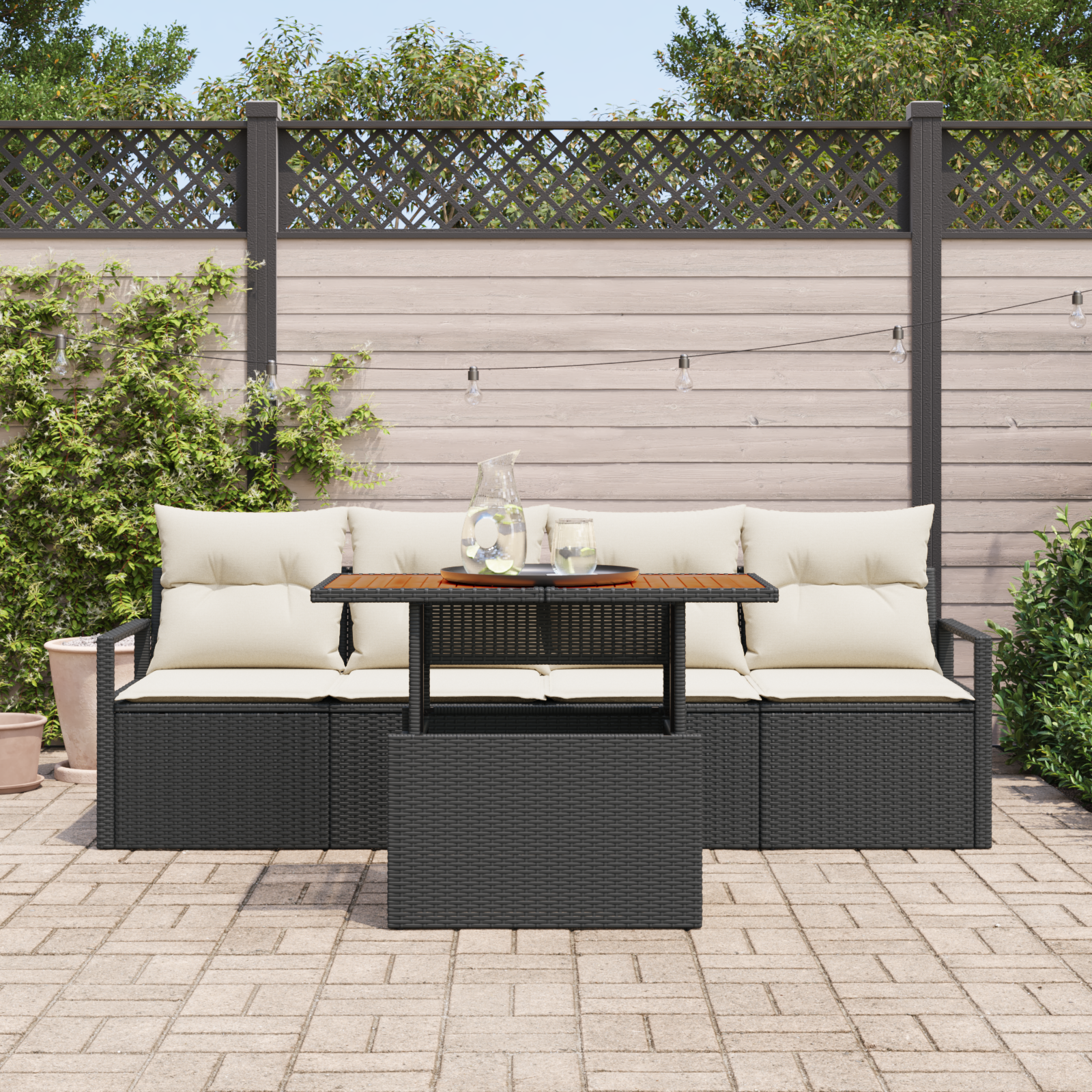 vidaXL 5-delige Tuinbankenset met kussens poly rattan acacia zwart