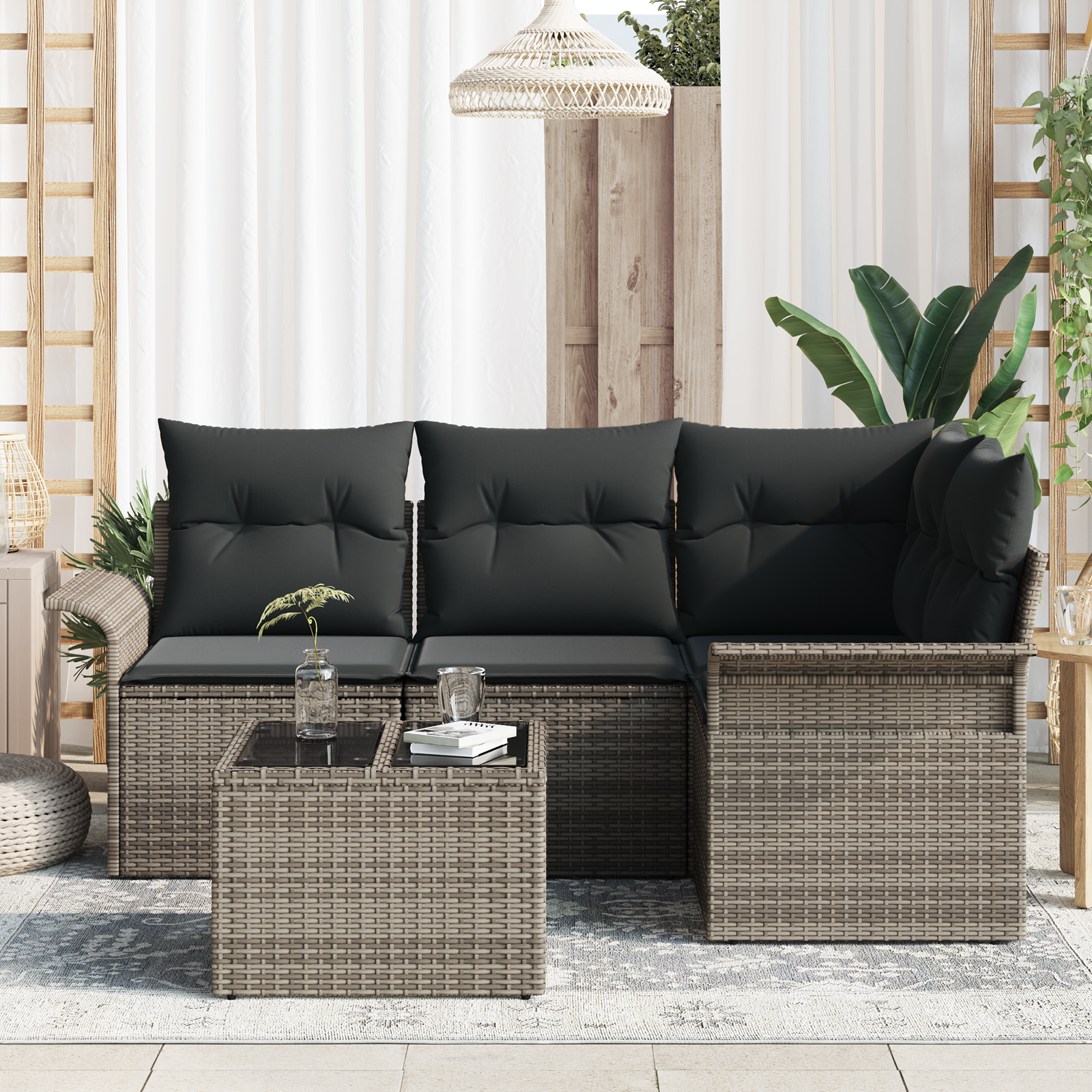 vidaXL 4-delige Tuinbankenset met kussens poly rattan zwart