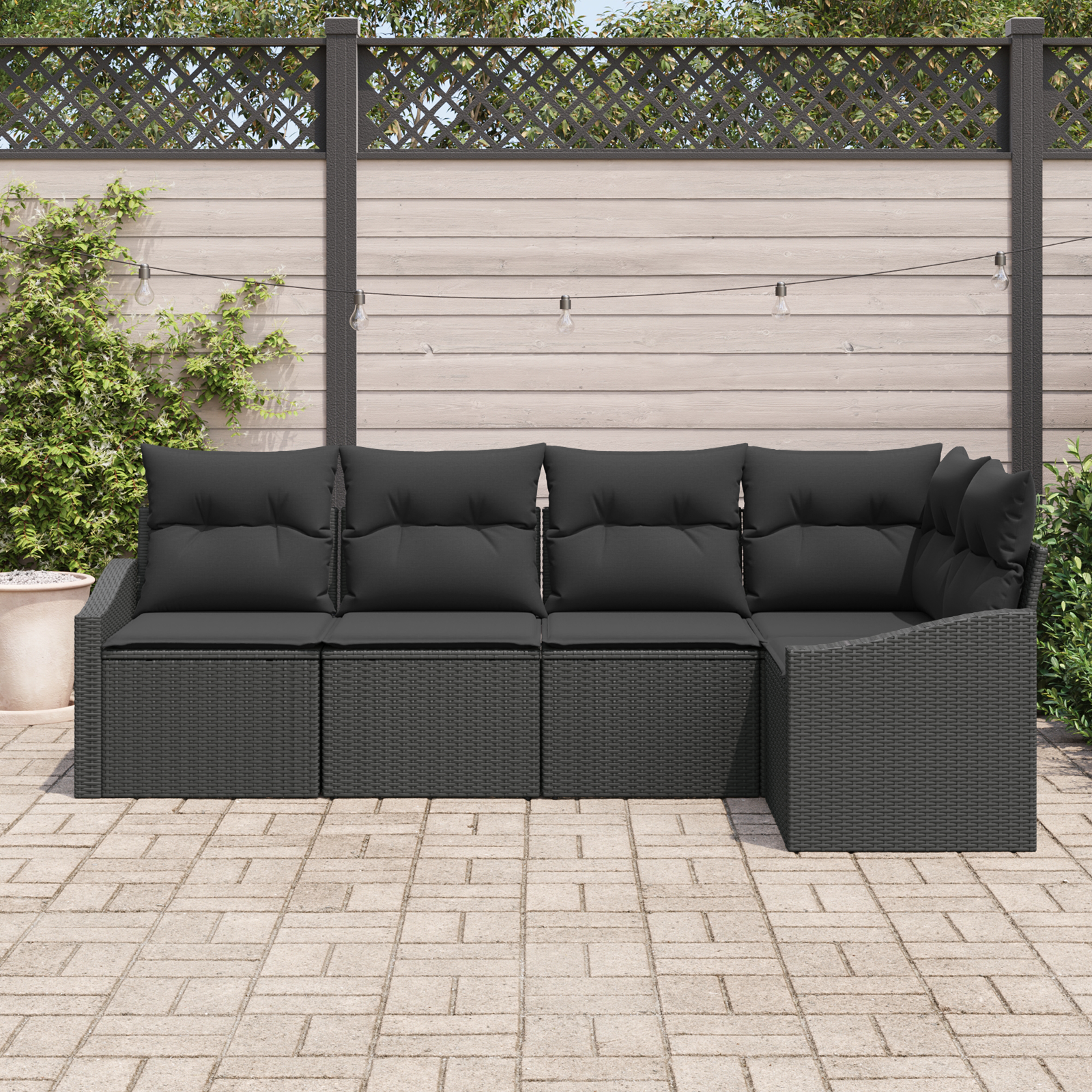 vidaXL 5-delige Tuinbankenset met kussens poly rattan zwart