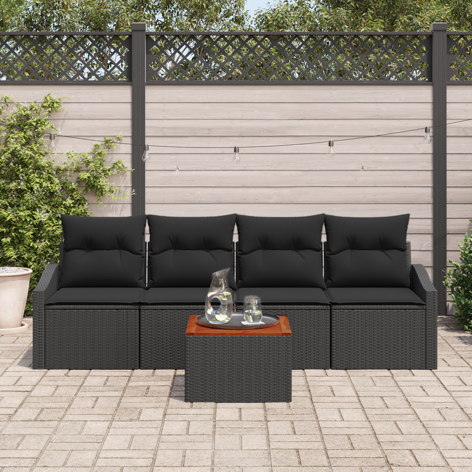 vidaXL 5-delige tuinset met kussens, zwart poly rattan en acacia