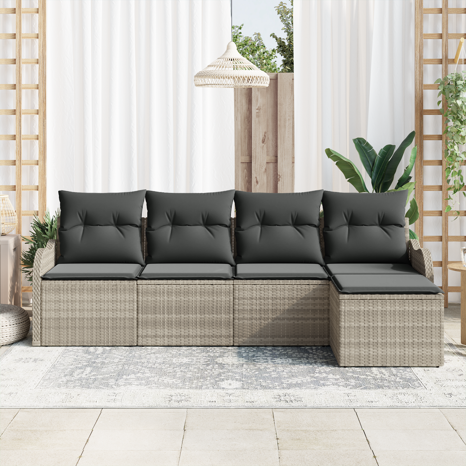 vidaXL 5-delige ligbed set met kussens lichtgrijs poly rattan