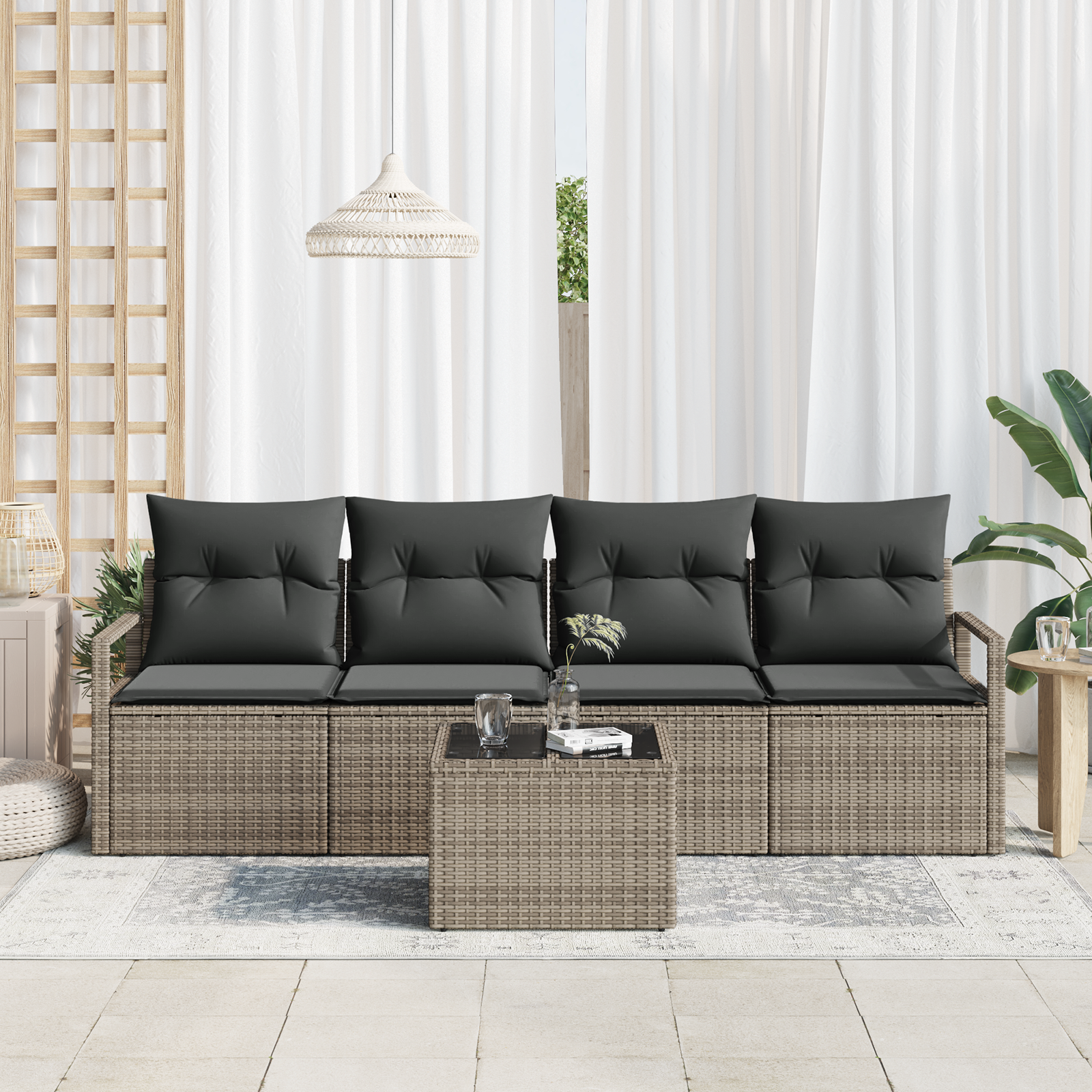 vidaXL 5-delige tuinset met kussens in grijs poly rattan