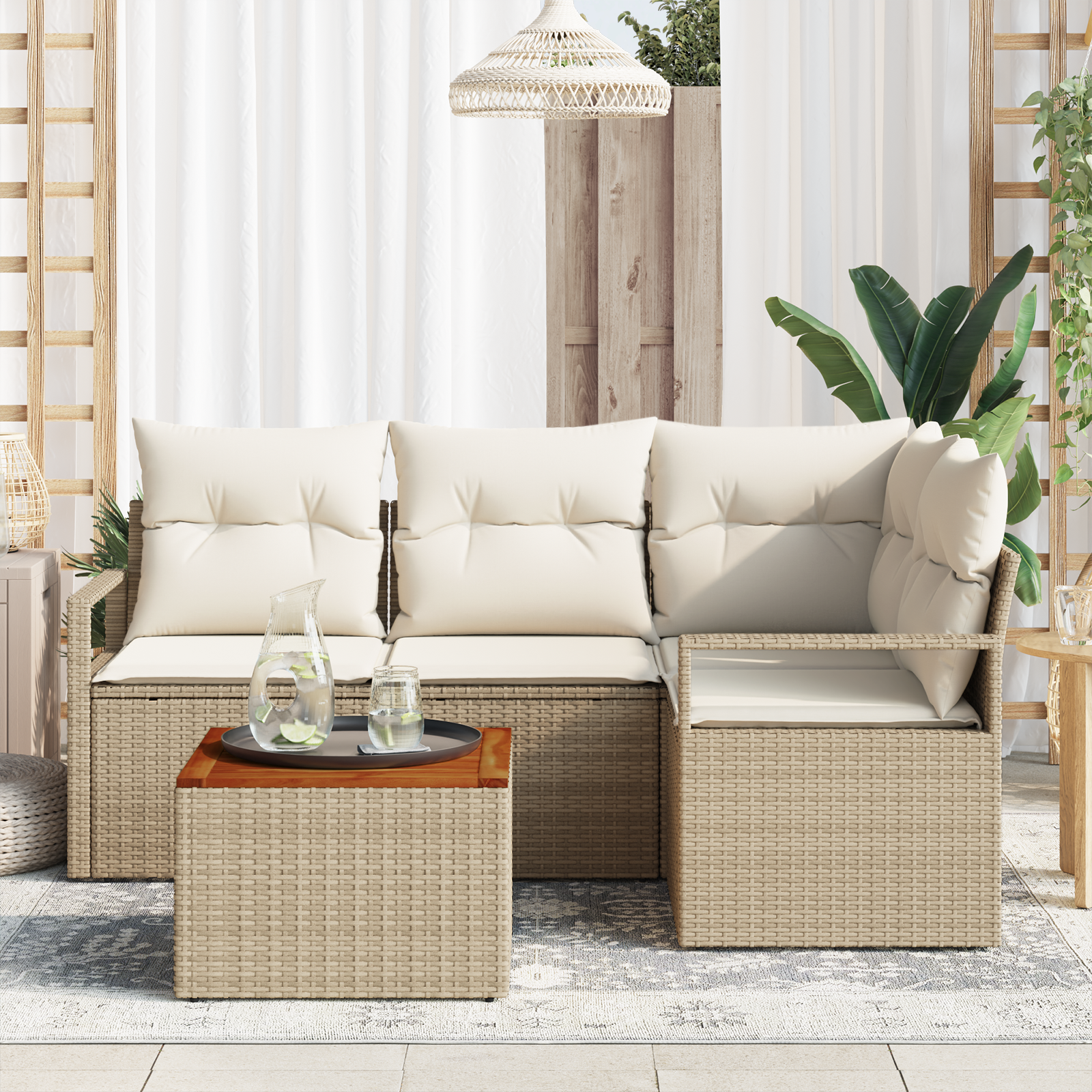 vidaXL 5-delige Tuinbankenset met kussens poly rattan acacia beige