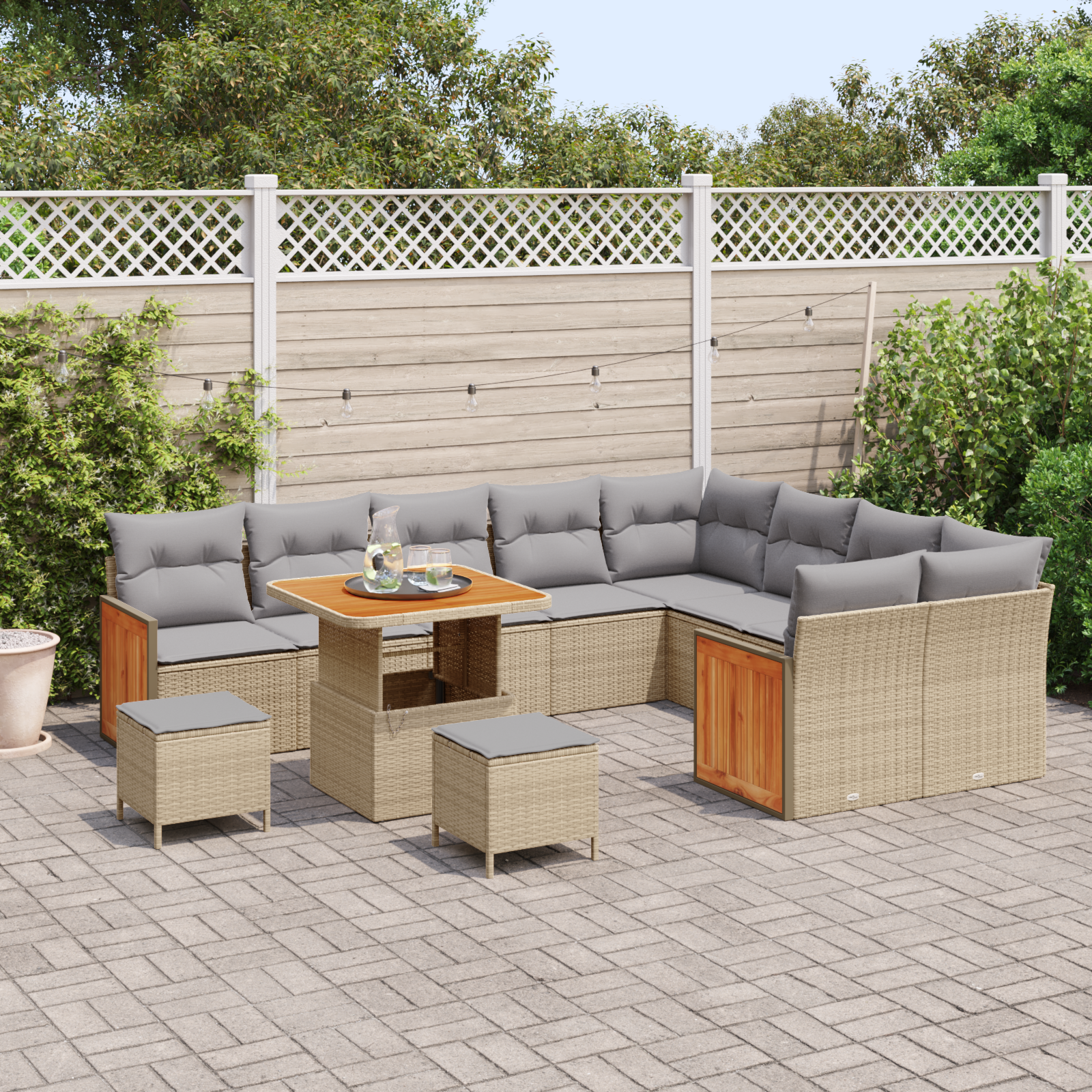 vidaXL 12-delige Tuinbankenset met kussens poly rattan acacia beige