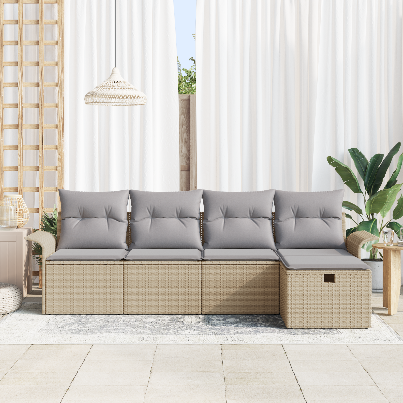 vidaXL 5-delige ligbed set met kussens Beige Poly Rattan