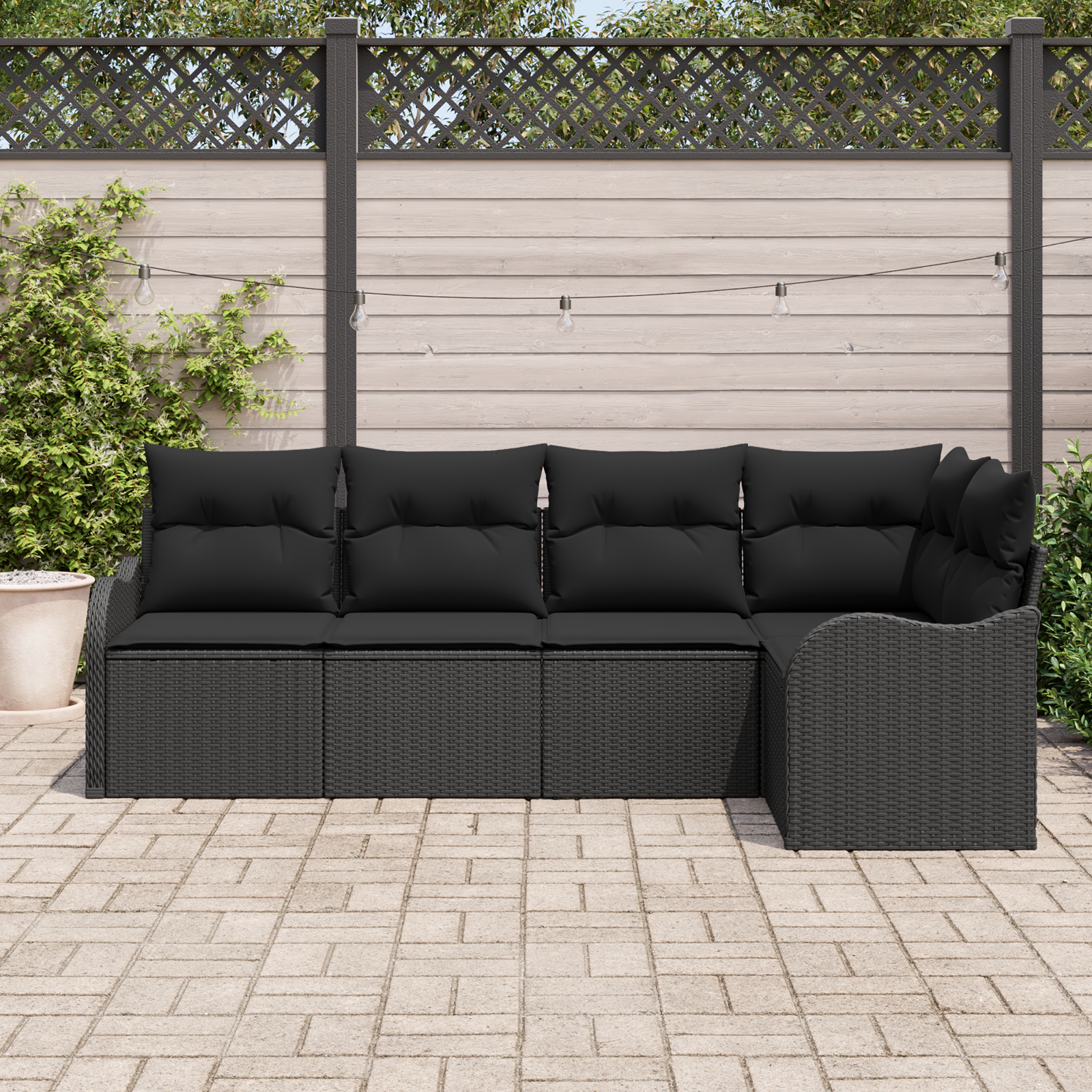 vidaXL 5-delige tuinbankset met kussens zwart poly rattan