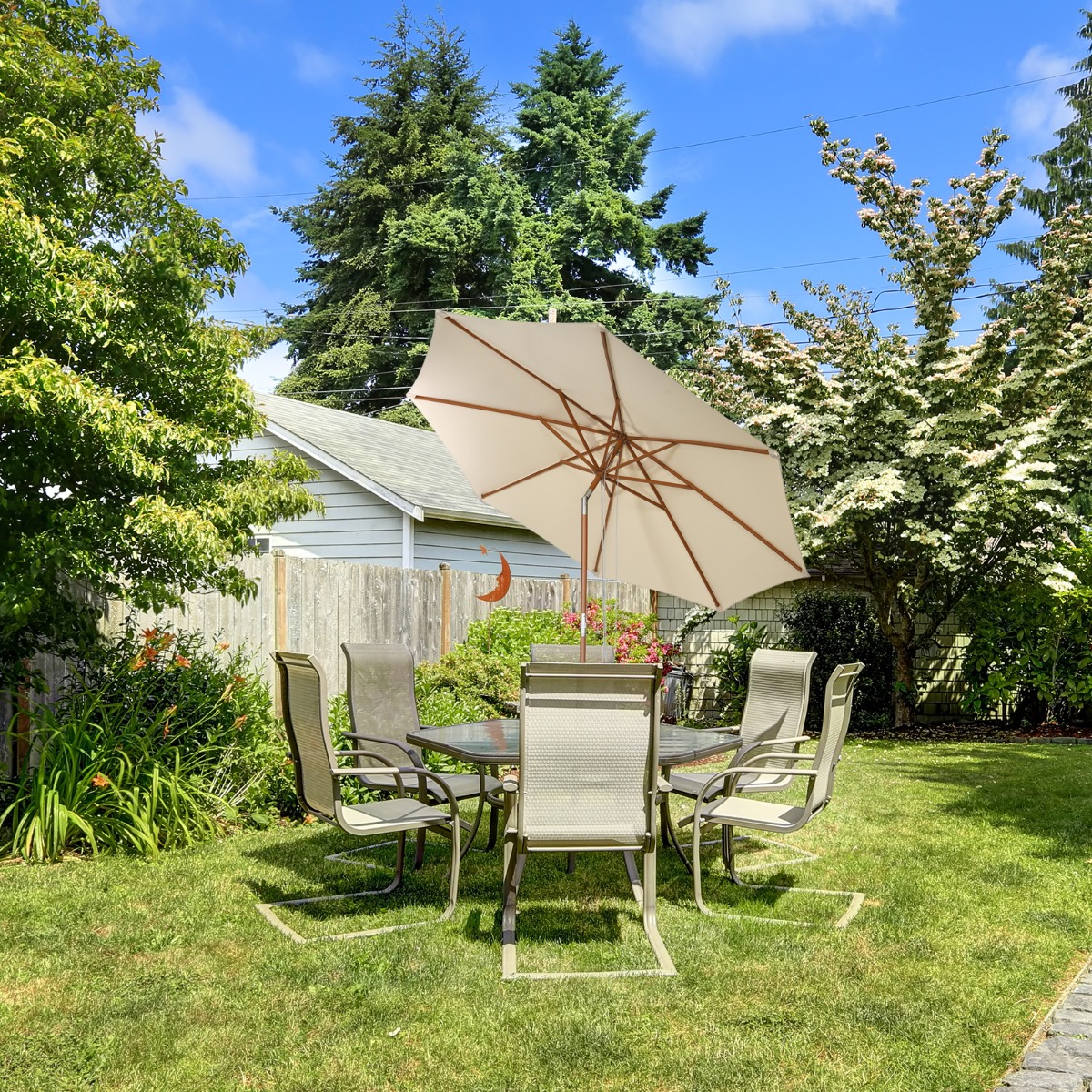 Costway 270 cm Buiten Patio Parasol met 8 Baleinen Ventilatie en Kantel Aanpassing Waterdicht Patio Parasol voor Tuin Achtertuin Zwembad Café