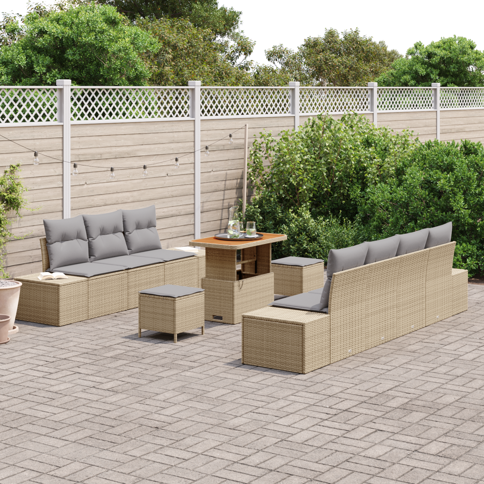vidaXL 10-delige Tuinbankenset met kussens, poly rattan acacia beige