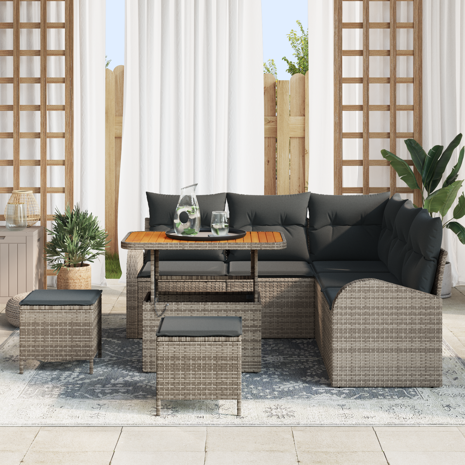 vidaXL 8-delige Tuinbankenset met kussens poly rattan acacia grijs