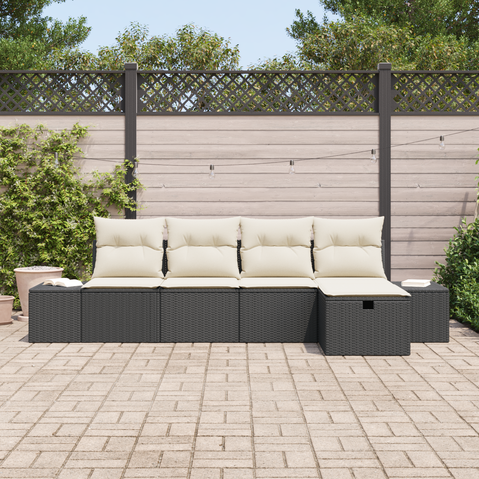 vidaXL 5-delige Tuinbankenset met kussens poly rattan zwart