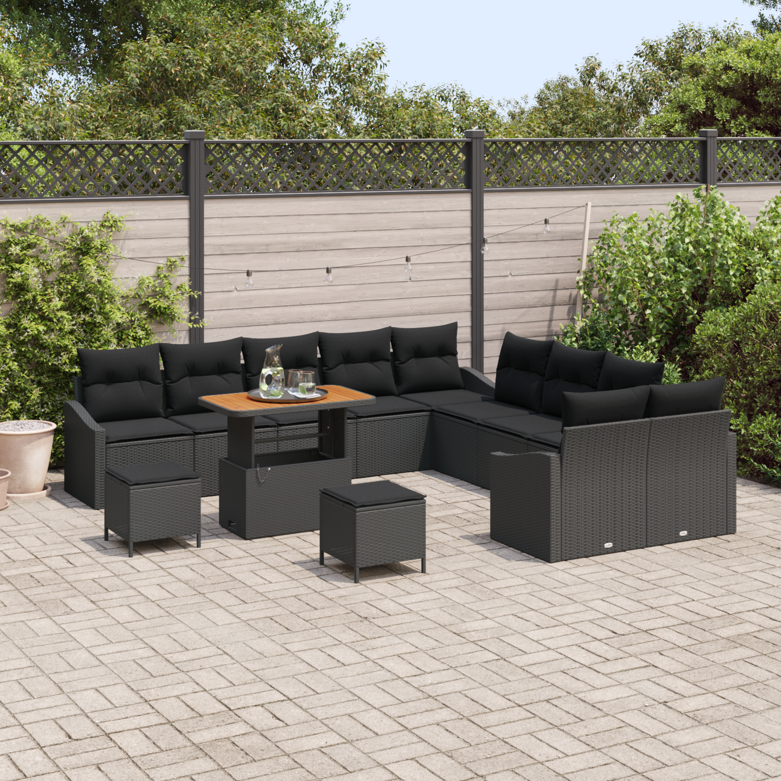 vidaXL 13-delige tuinbankset met kussens in zwart poly rattan en acacia