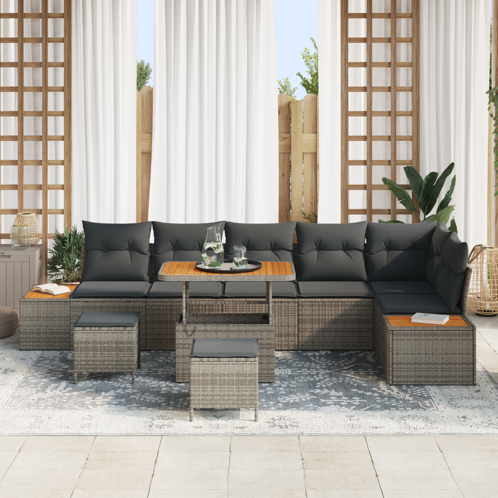 vidaXL 9-delige Tuinbankenset met kussens poly rattan acacia grijs