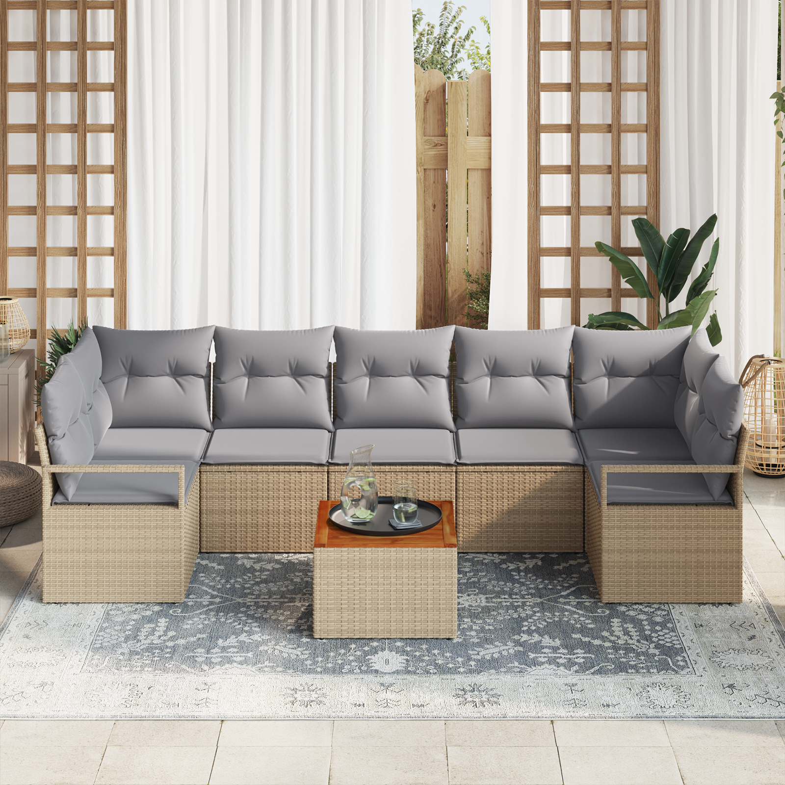 vidaXL 8-delige tuinset met kussens Beige Poly Rattan Acacia