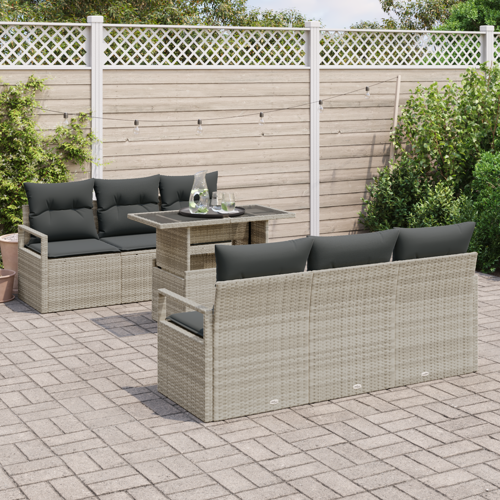 vidaXL 7-delige tuinset met kussens lichtgrijs poly rattan
