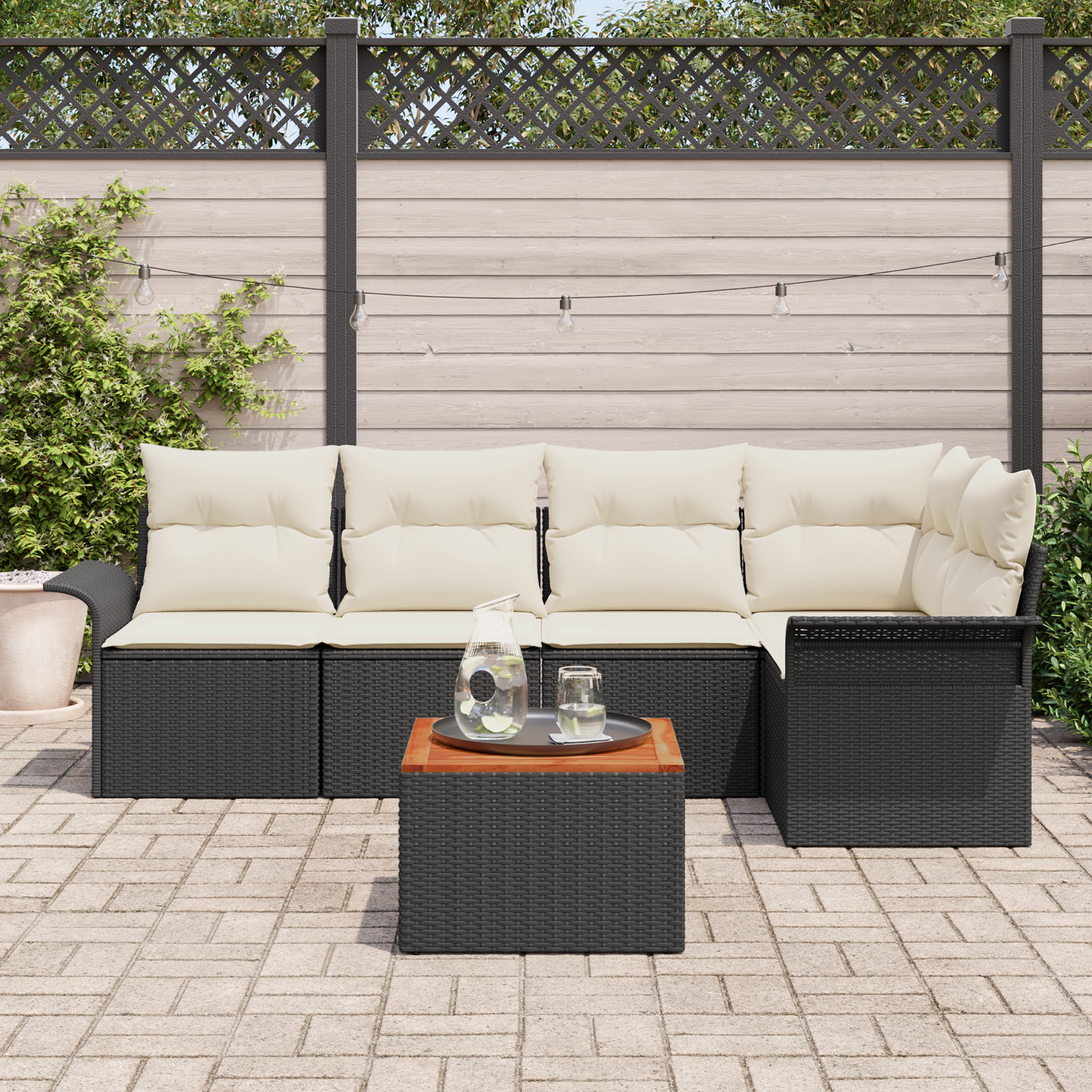 vidaXL 6-delige Tuinbankenset met kussens poly rattan acacia zwart