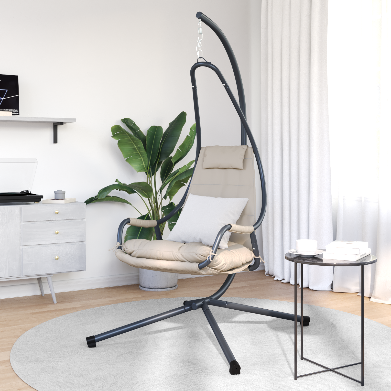 vidaXL Hangstoel met standaard en kussen taupe staal
