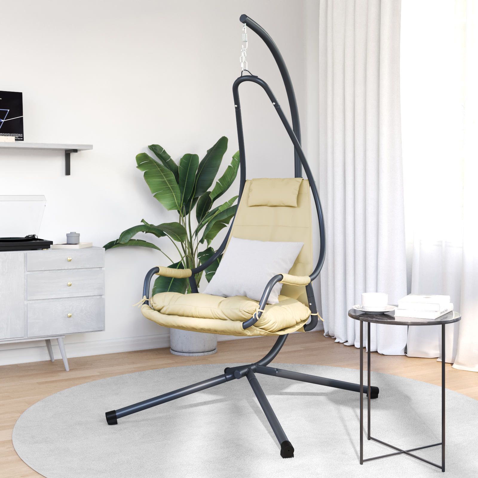 vidaXL Hangstoel met standaard en kussen - Beige staal