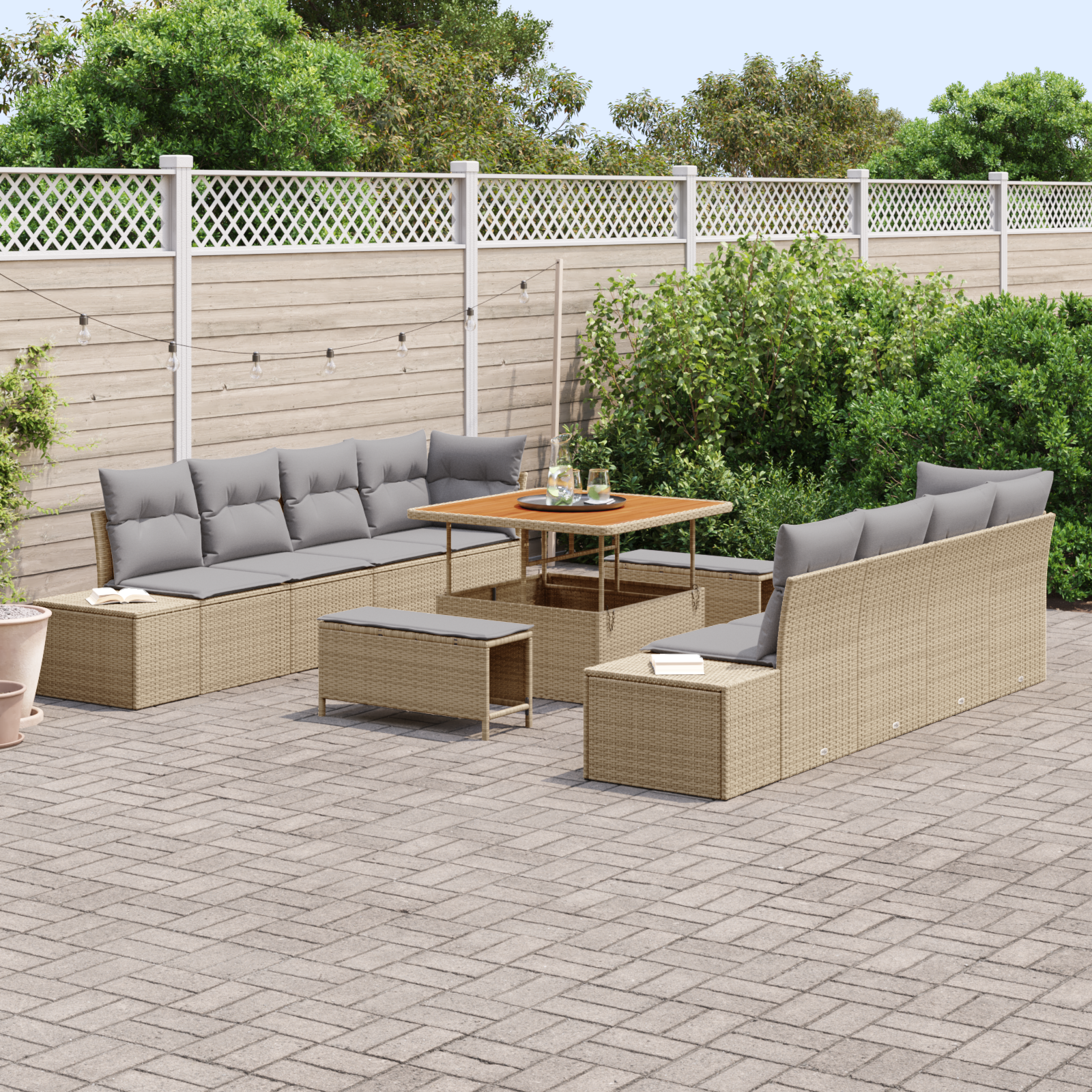 vidaXL 11-delige tuinset met kussens in beige van poly rattan en acacia