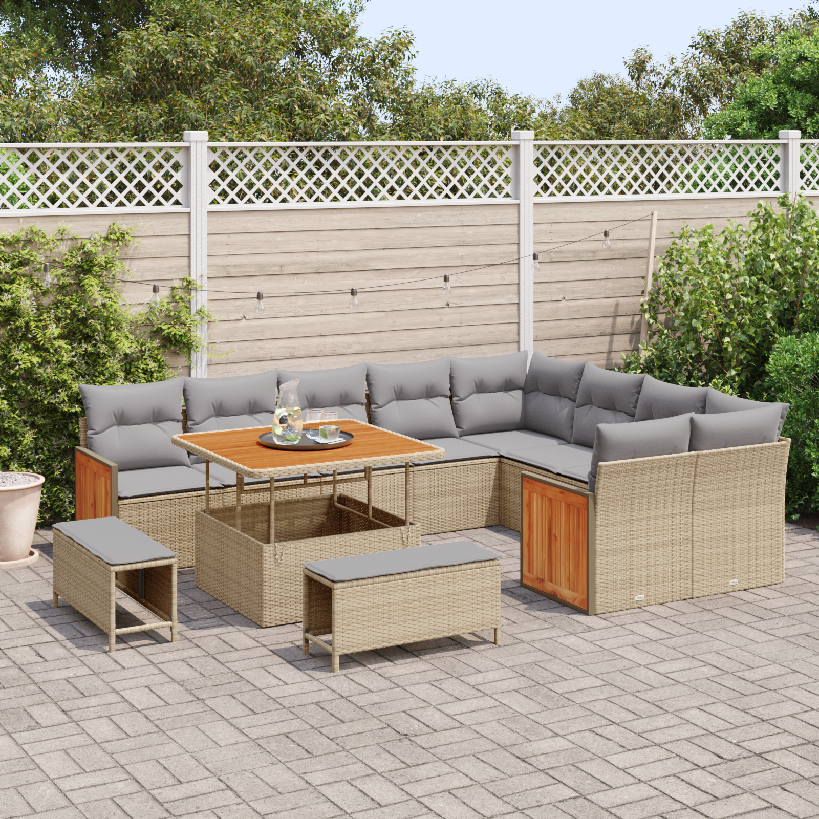 vidaXL 12-delige tuinset met kussens in beige poly rattan en acacia