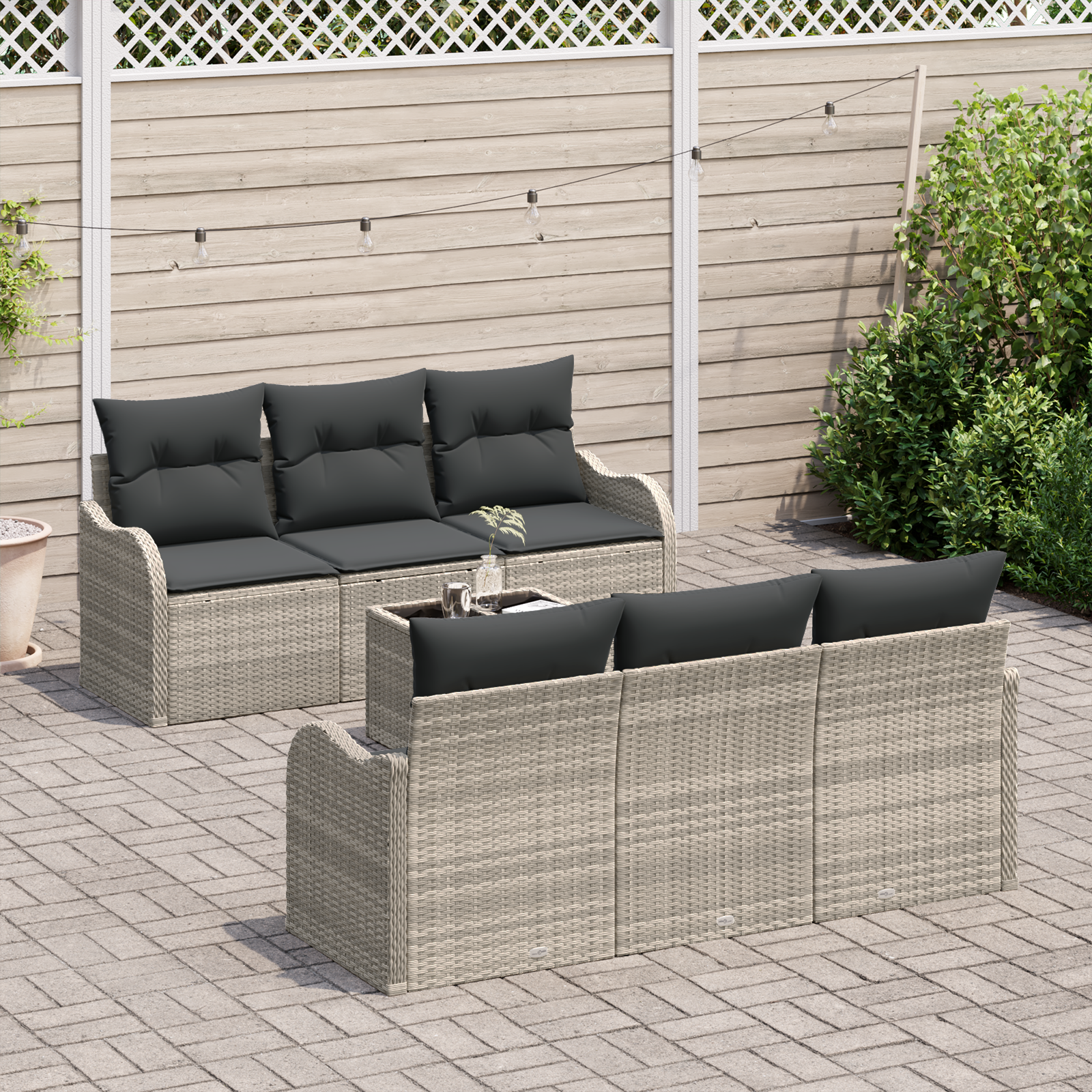 vidaXL 7-delige tuinbankset met kussens in lichtgrijs poly rattan